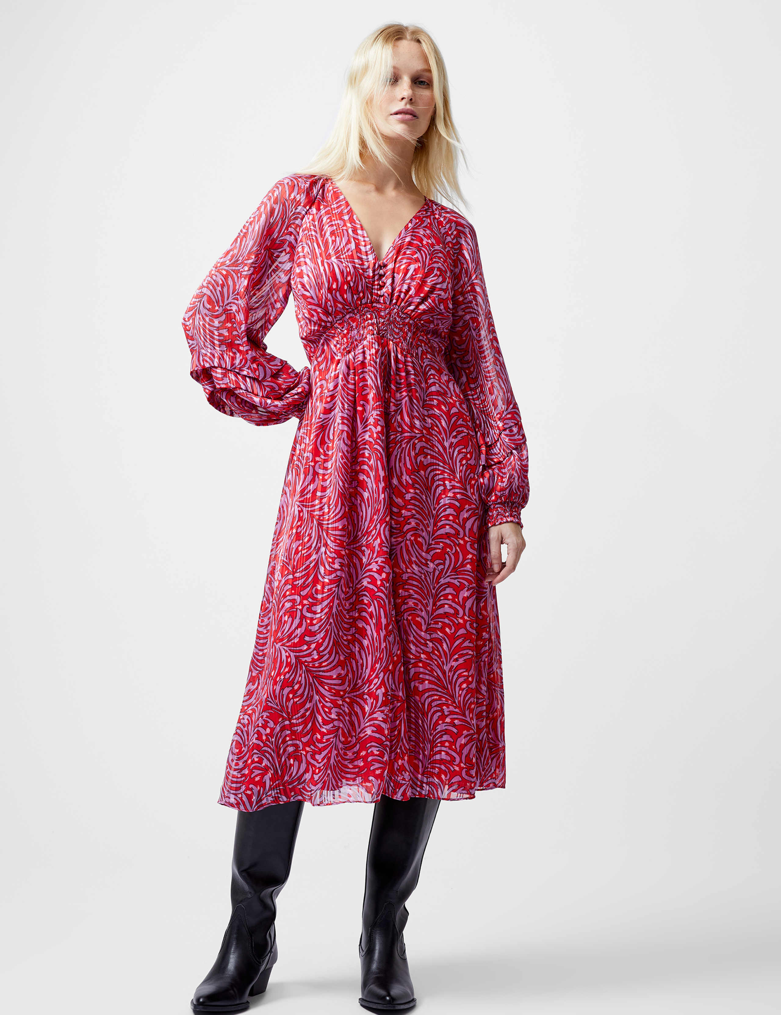 Jacquard V-Neck Midi Waisted Dress
