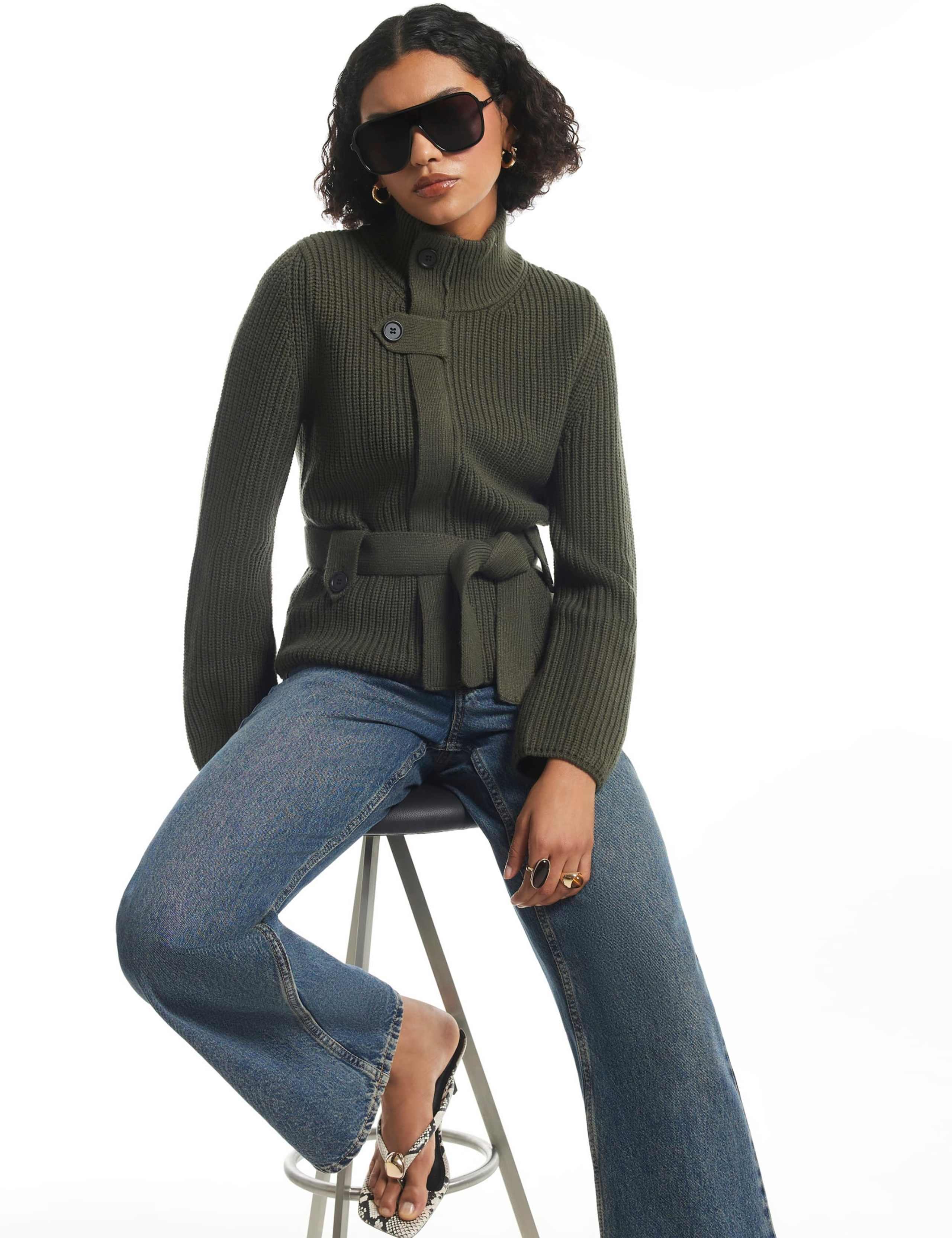 Pure Cotton Ribbed Funnel Neck Cardigan