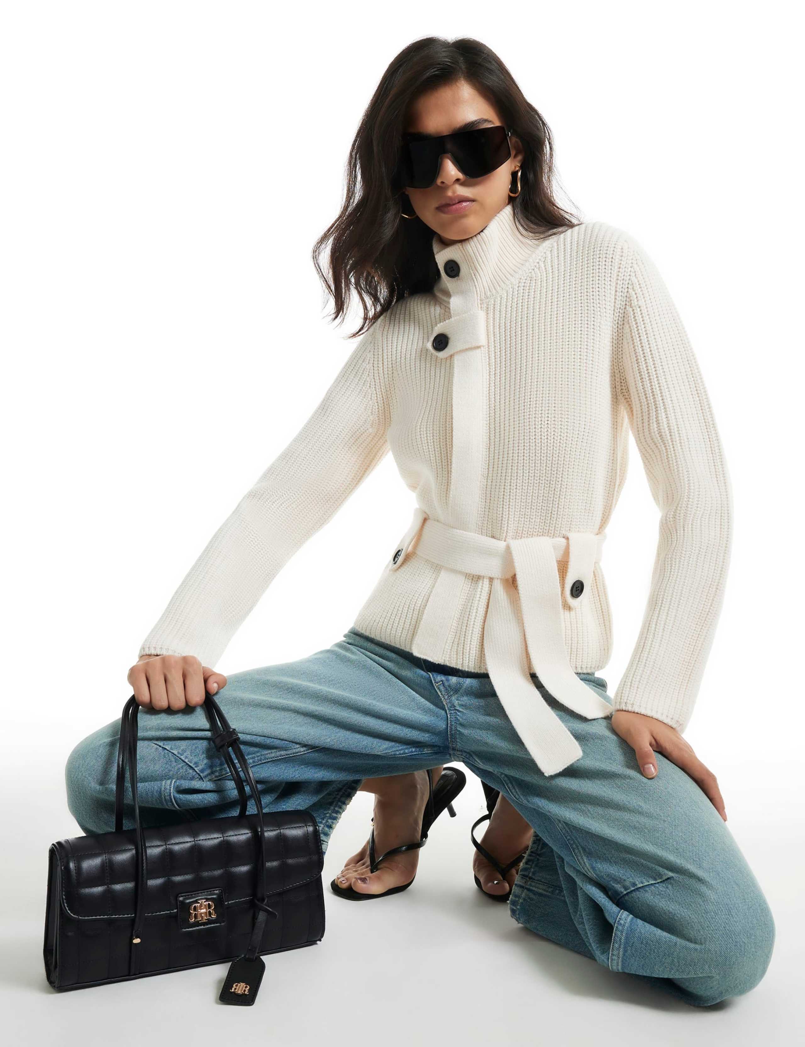 Pure Cotton Ribbed Funnel Neck Cardigan