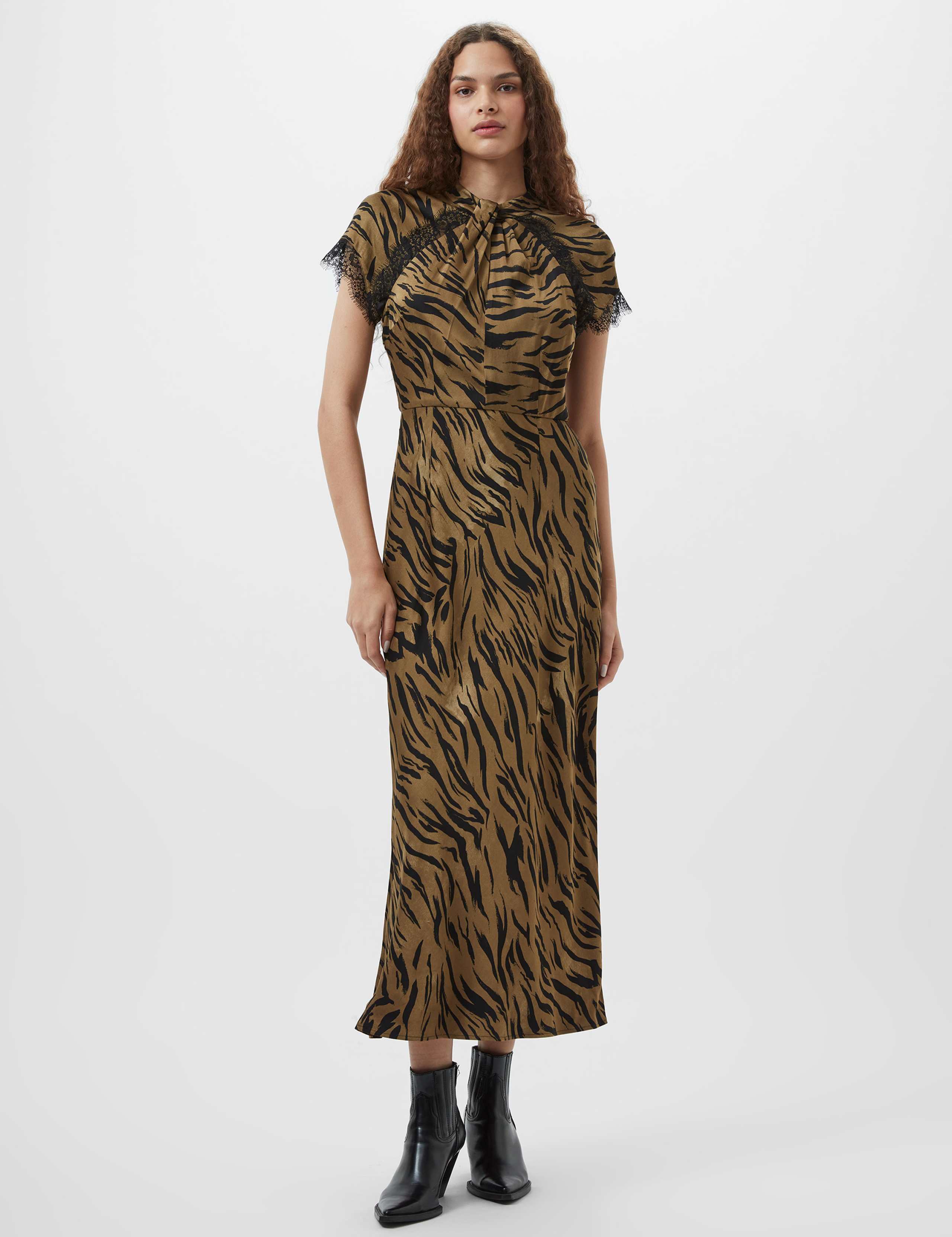 Satin Animal Print Midi Tea Dress
