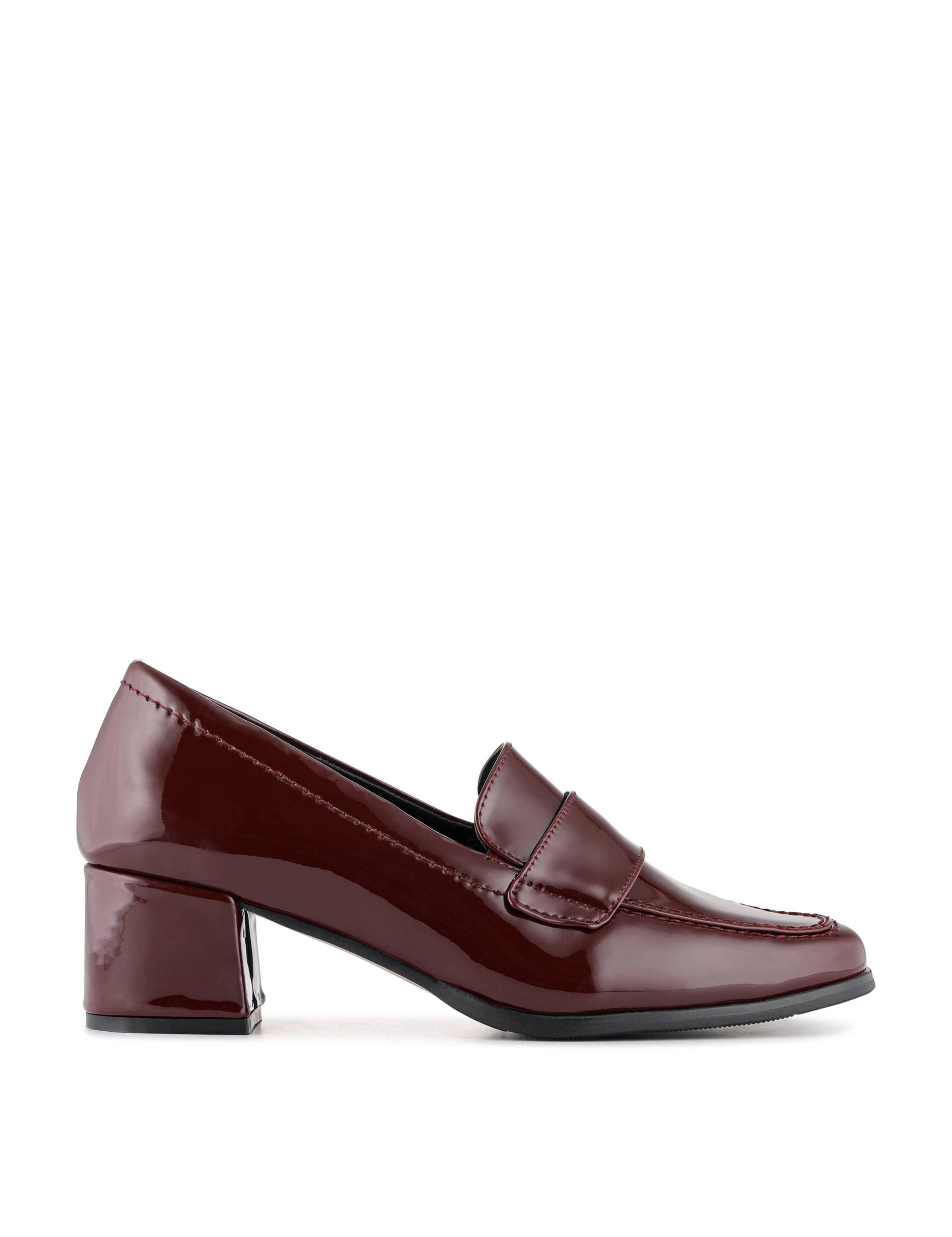 Leather Block Heel Square Toe Loafers