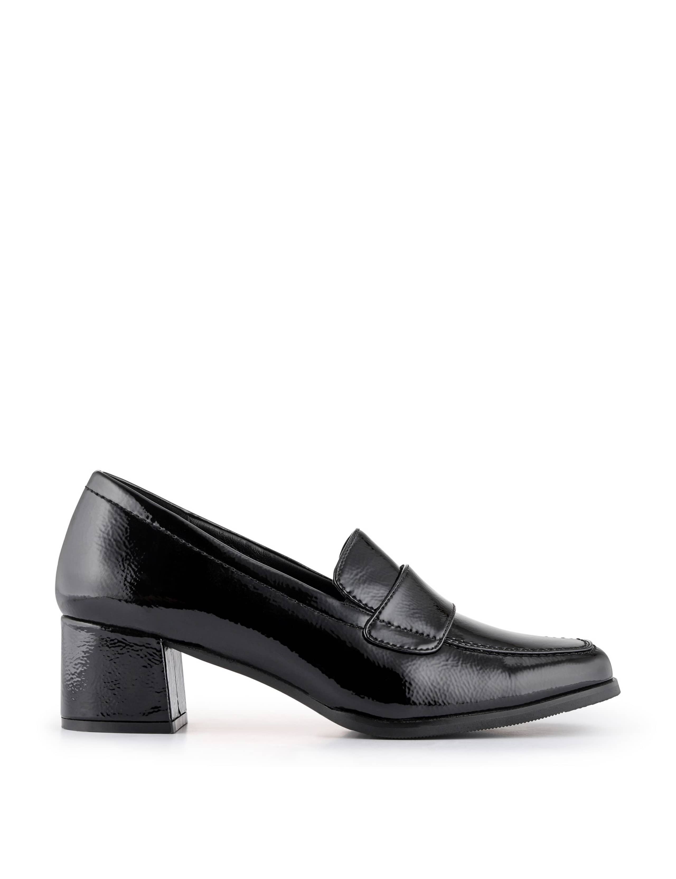Leather Block Heel Square Toe Loafers