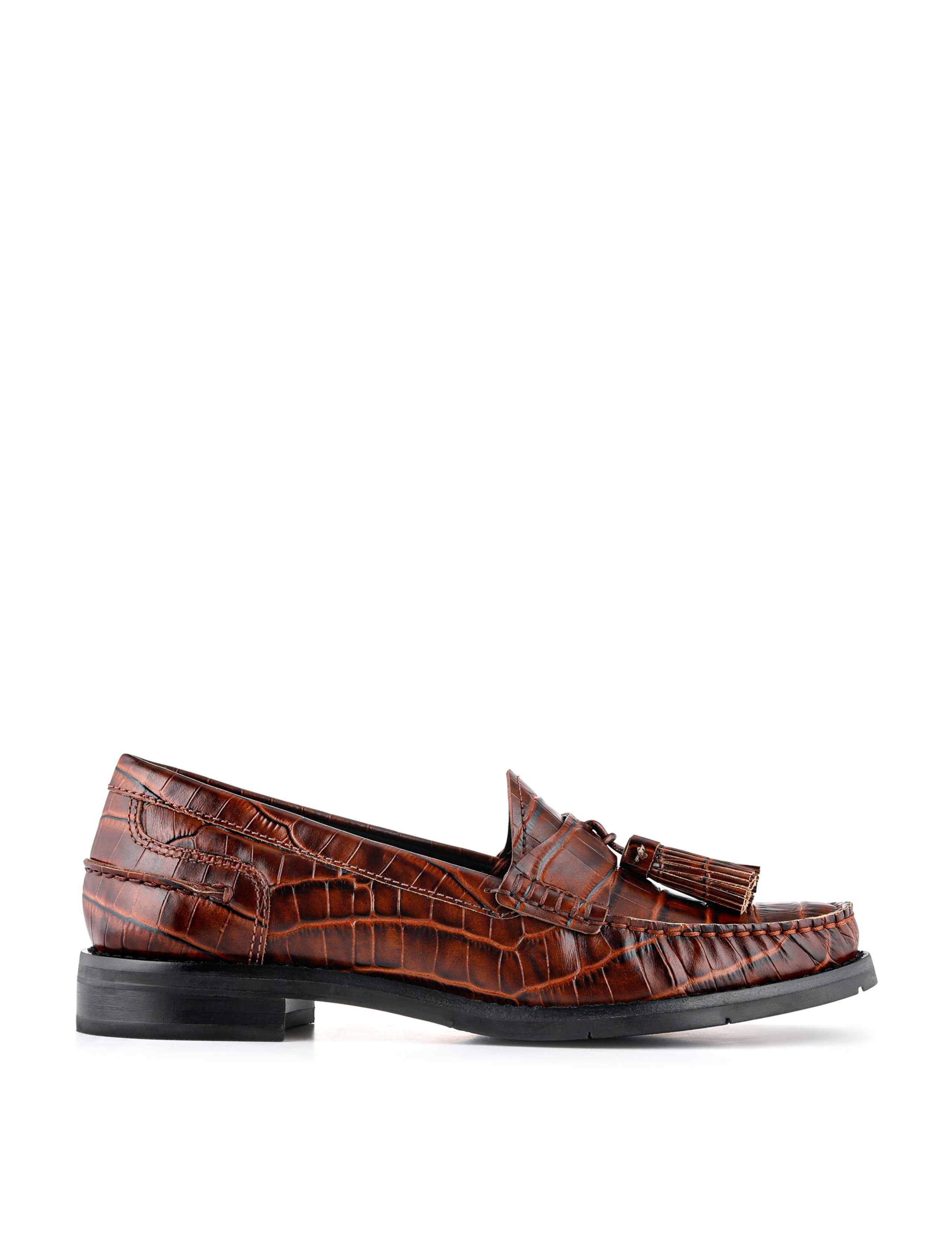 Leather Croc Tassel Block Heel Loafers