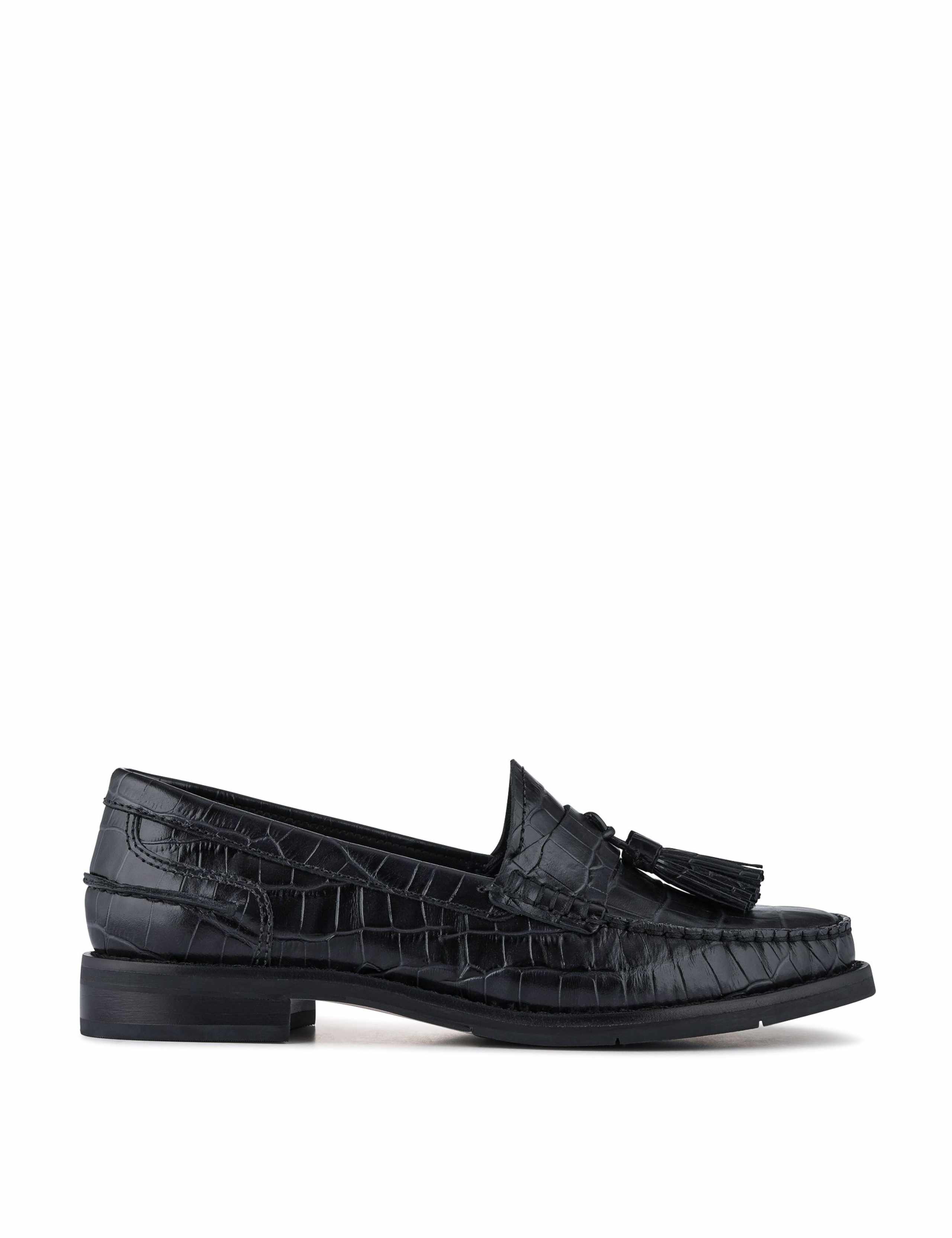 Leather Croc Tassel Block Heel Loafers