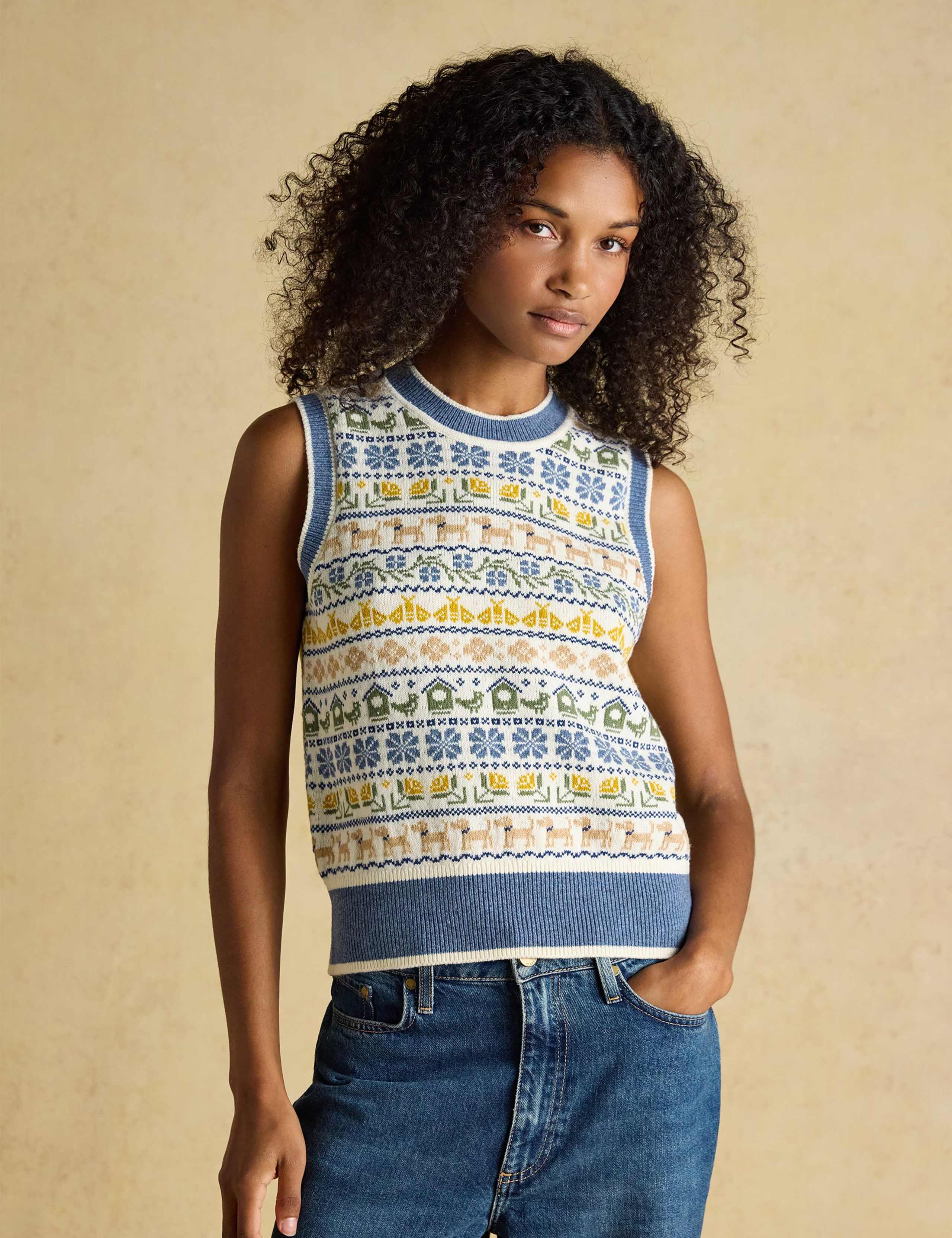 Cotton Rich Intarsia Knitted Vest with Wool