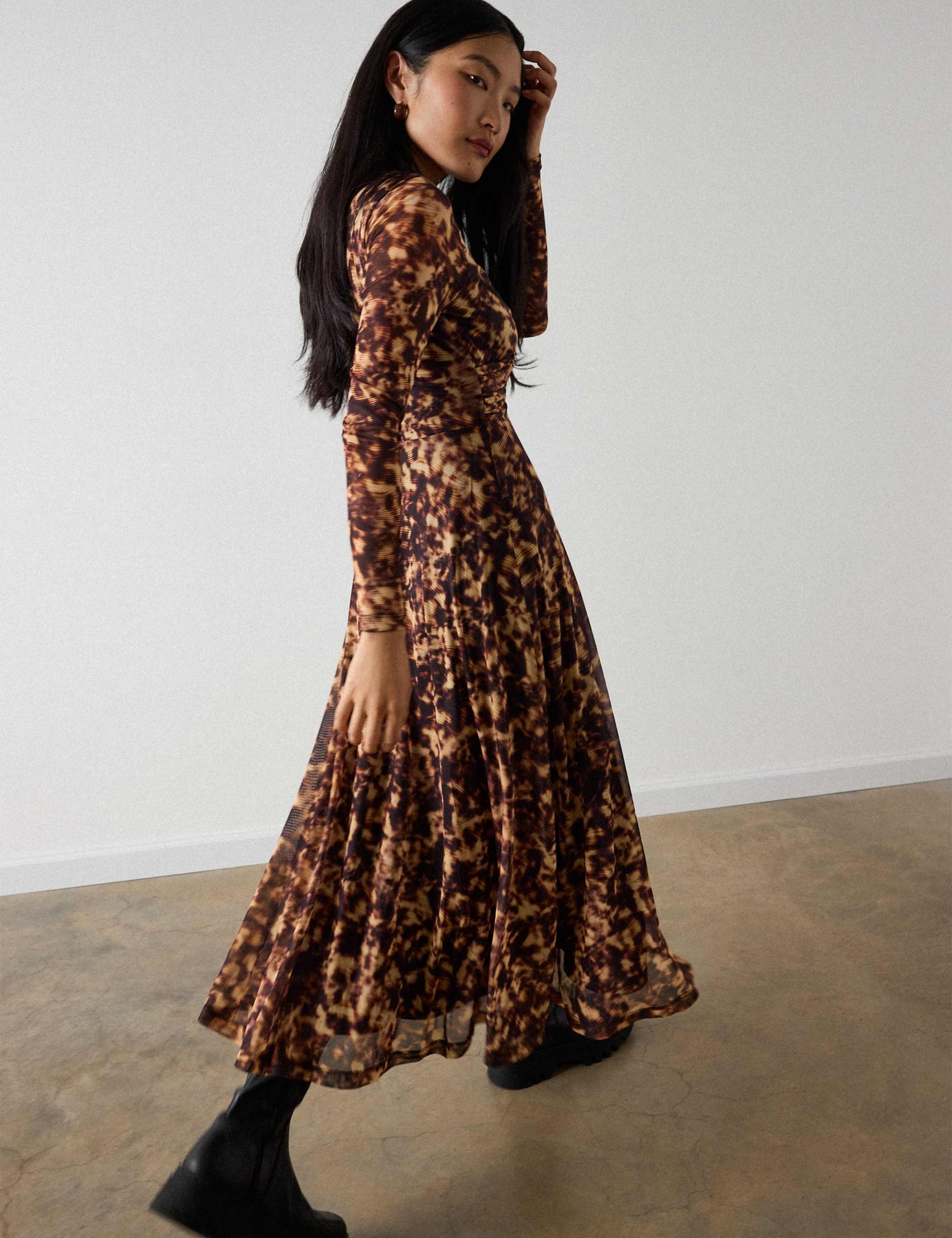 Mesh Animal Print Zip Up Midi Dress