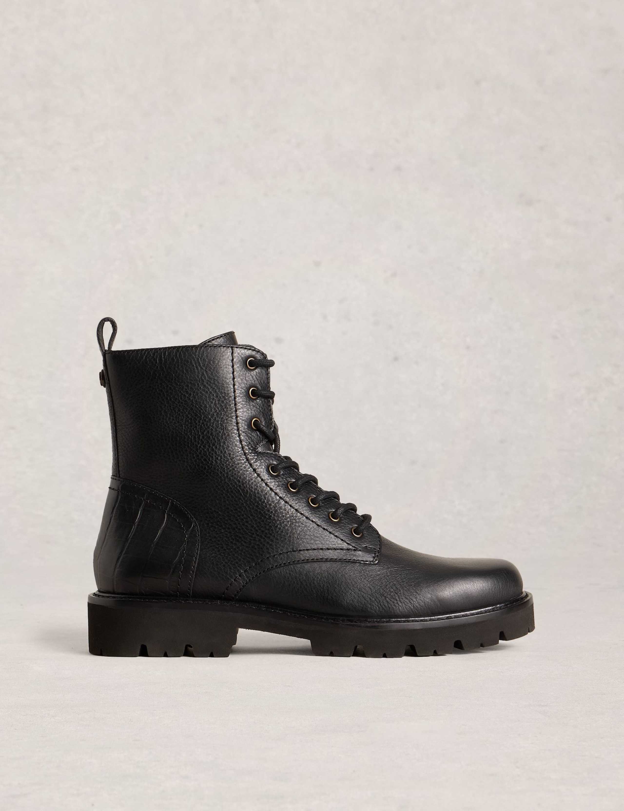 Leather Lace Up Block Heel Round Toe Ankle Boots