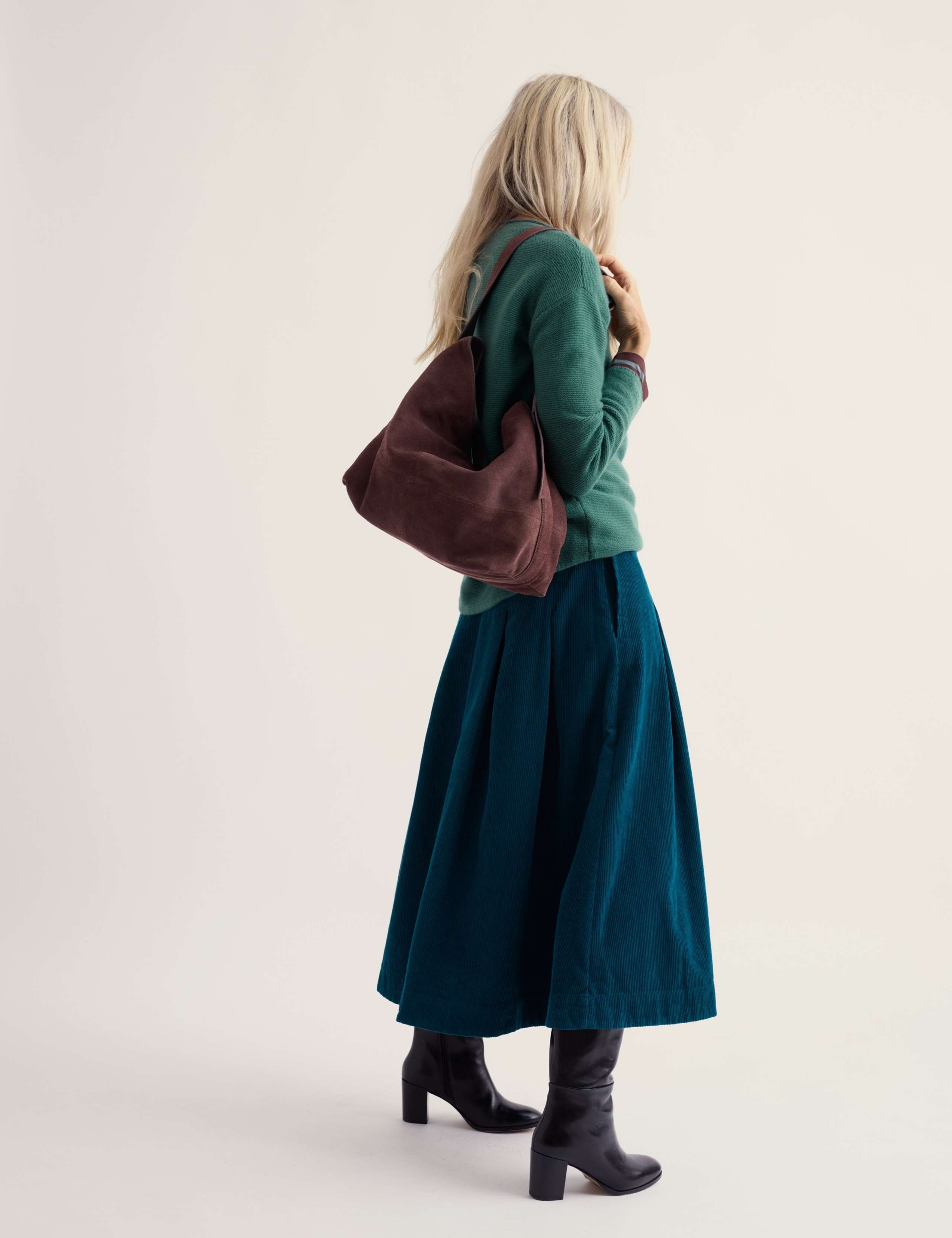 Cord Pleated Midi A-Line Skirt