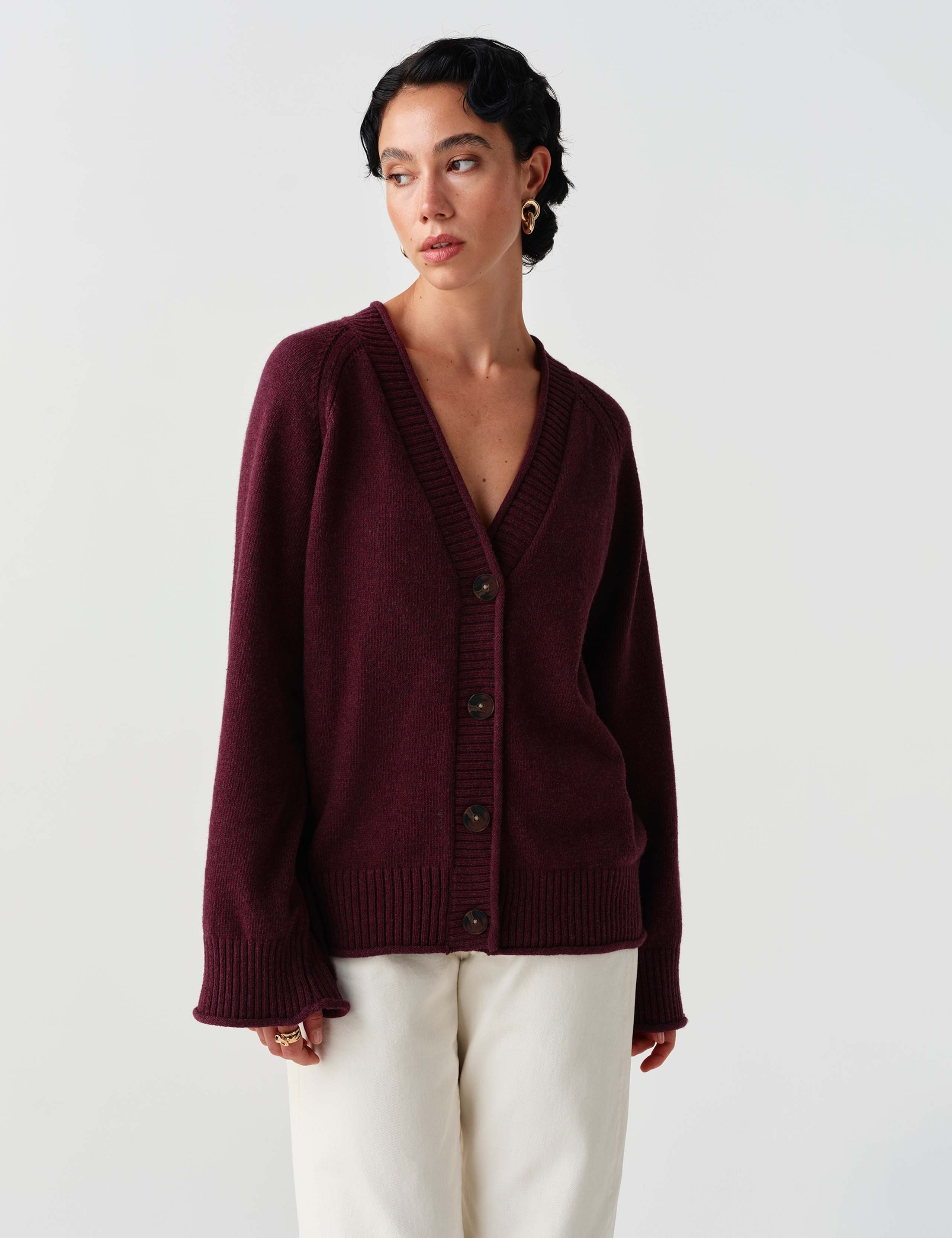 Cotton Rich V Neck Button Front Cardigan with Wool