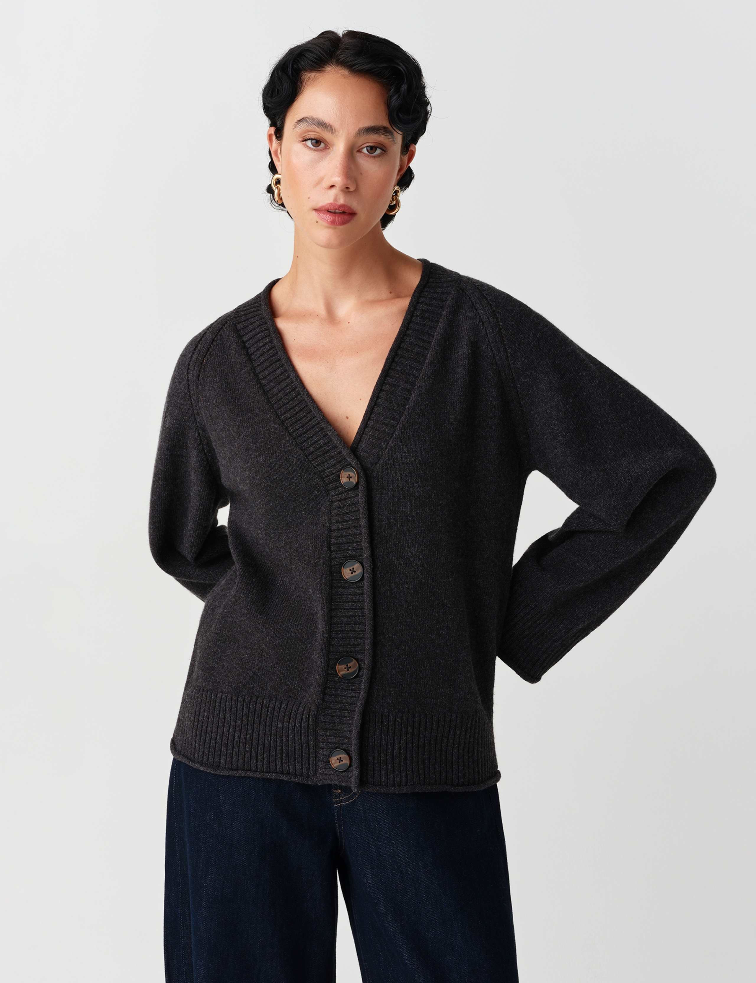 Cotton Rich V Neck Button Front Cardigan with Wool