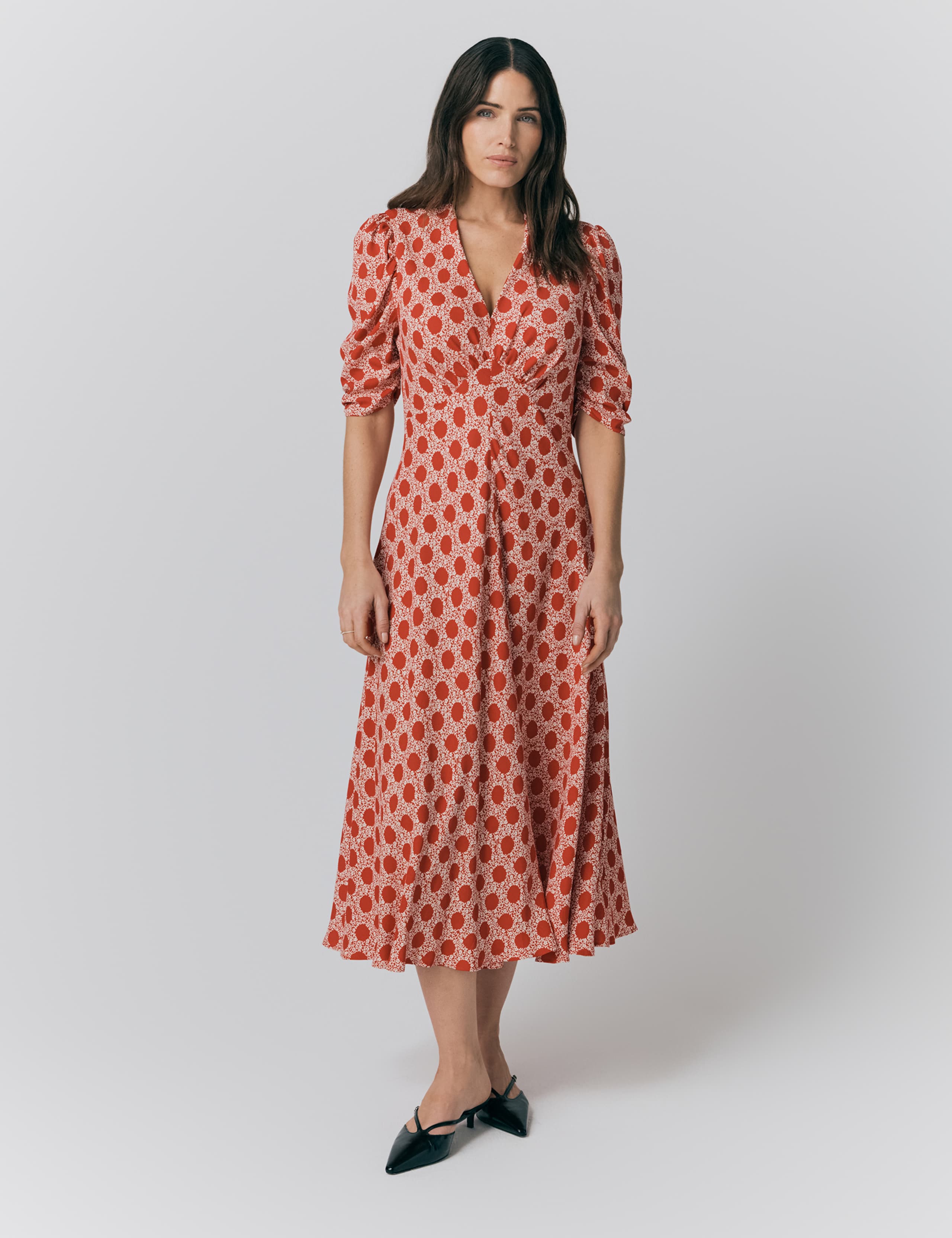 Printed V-Neck Midi Tea Dress