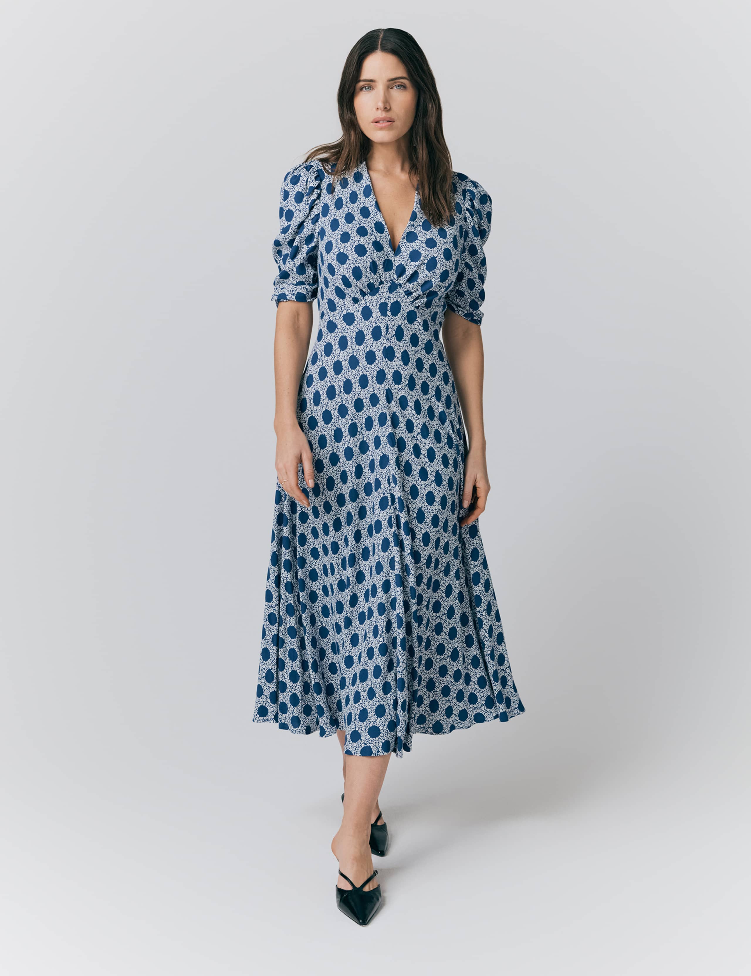 Printed V-Neck Midi Tea Dress