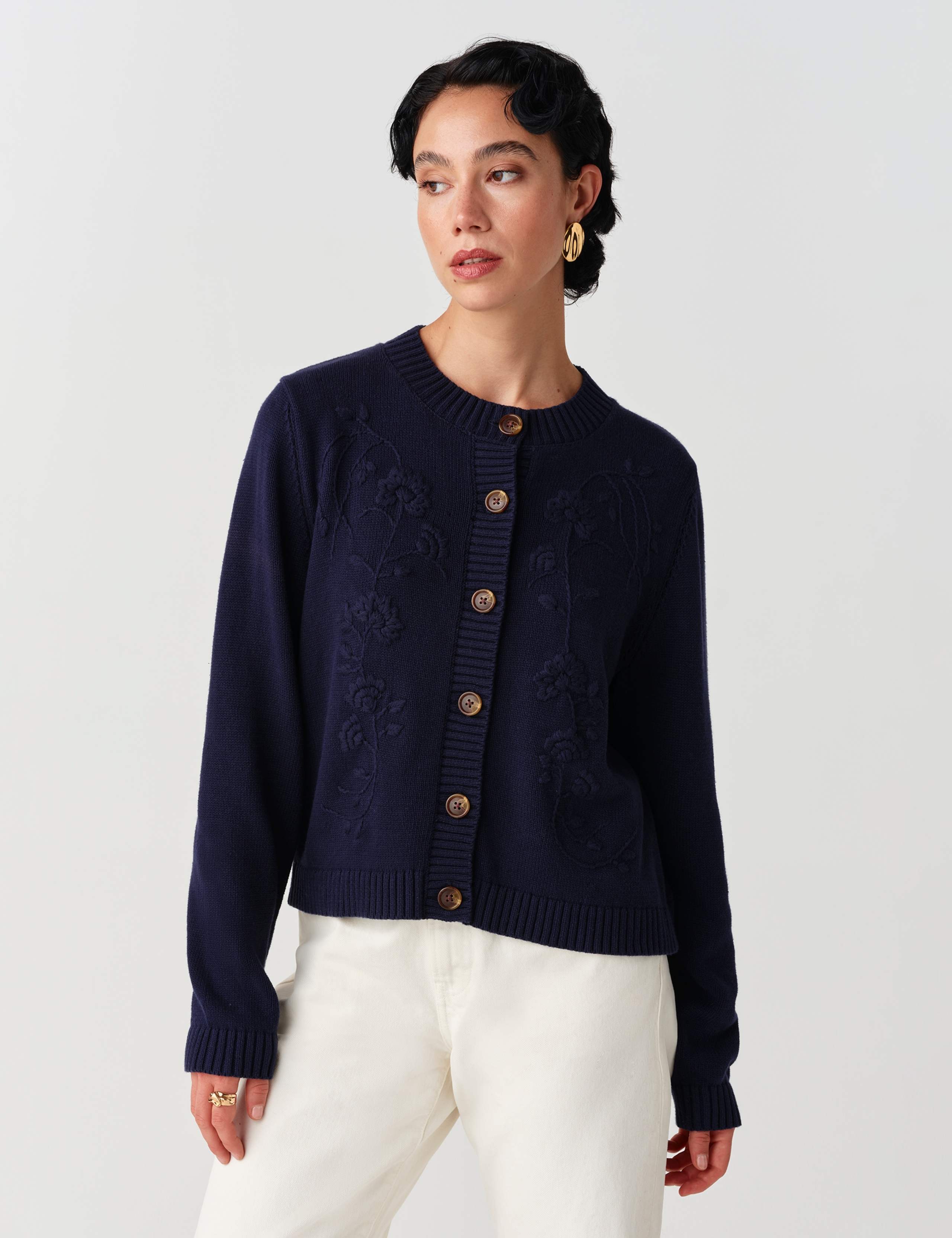 Pure Cotton Embroidered Button Front Cardigan