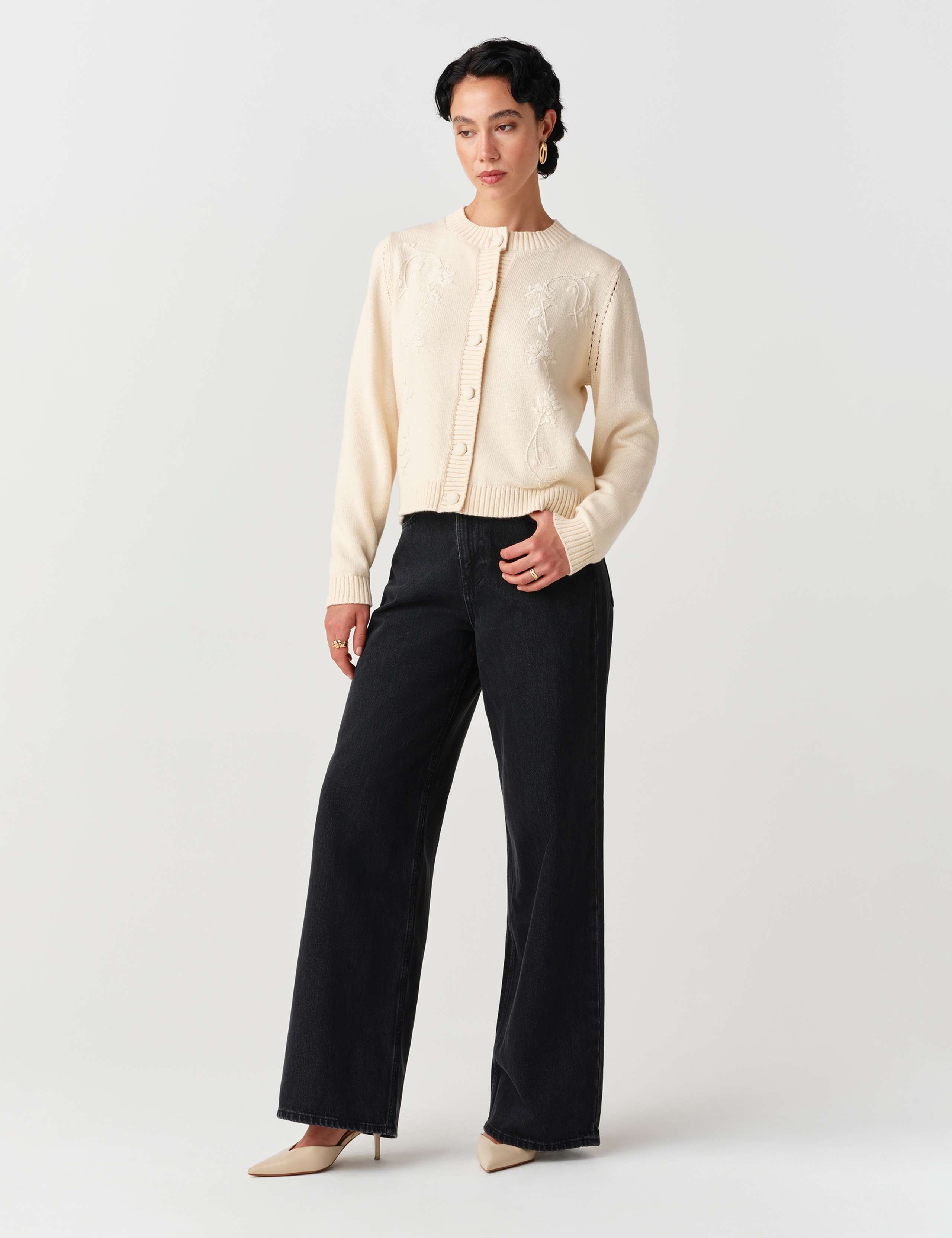 Pure Cotton Embroidered Button Front Cardigan