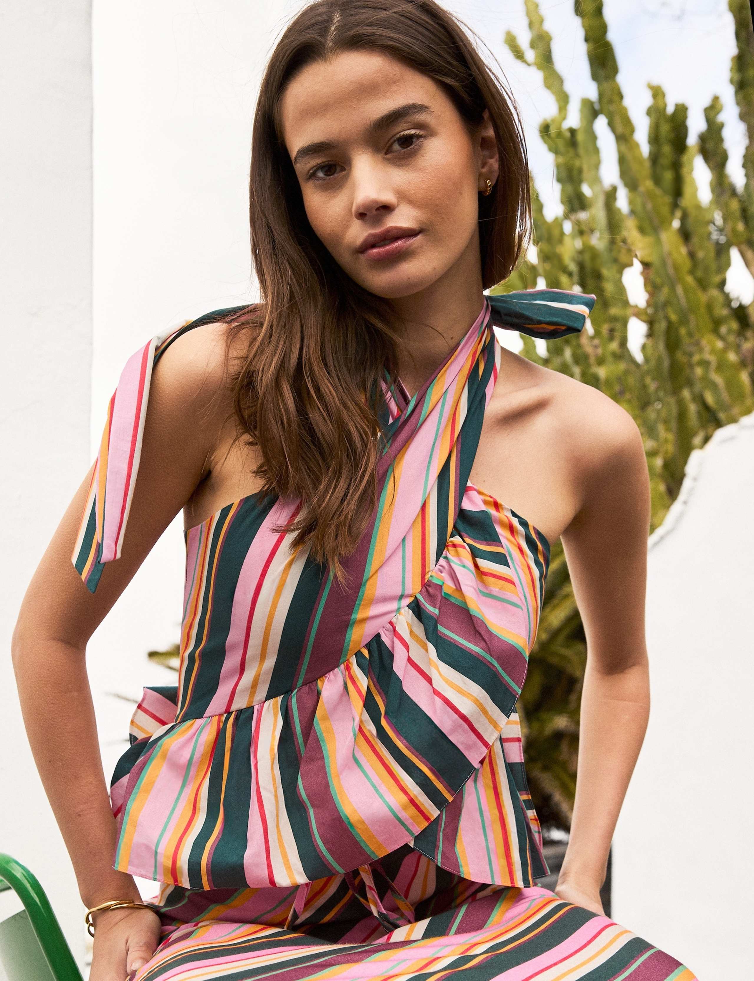 Pure Cotton Striped Halter Neck Wrap Top