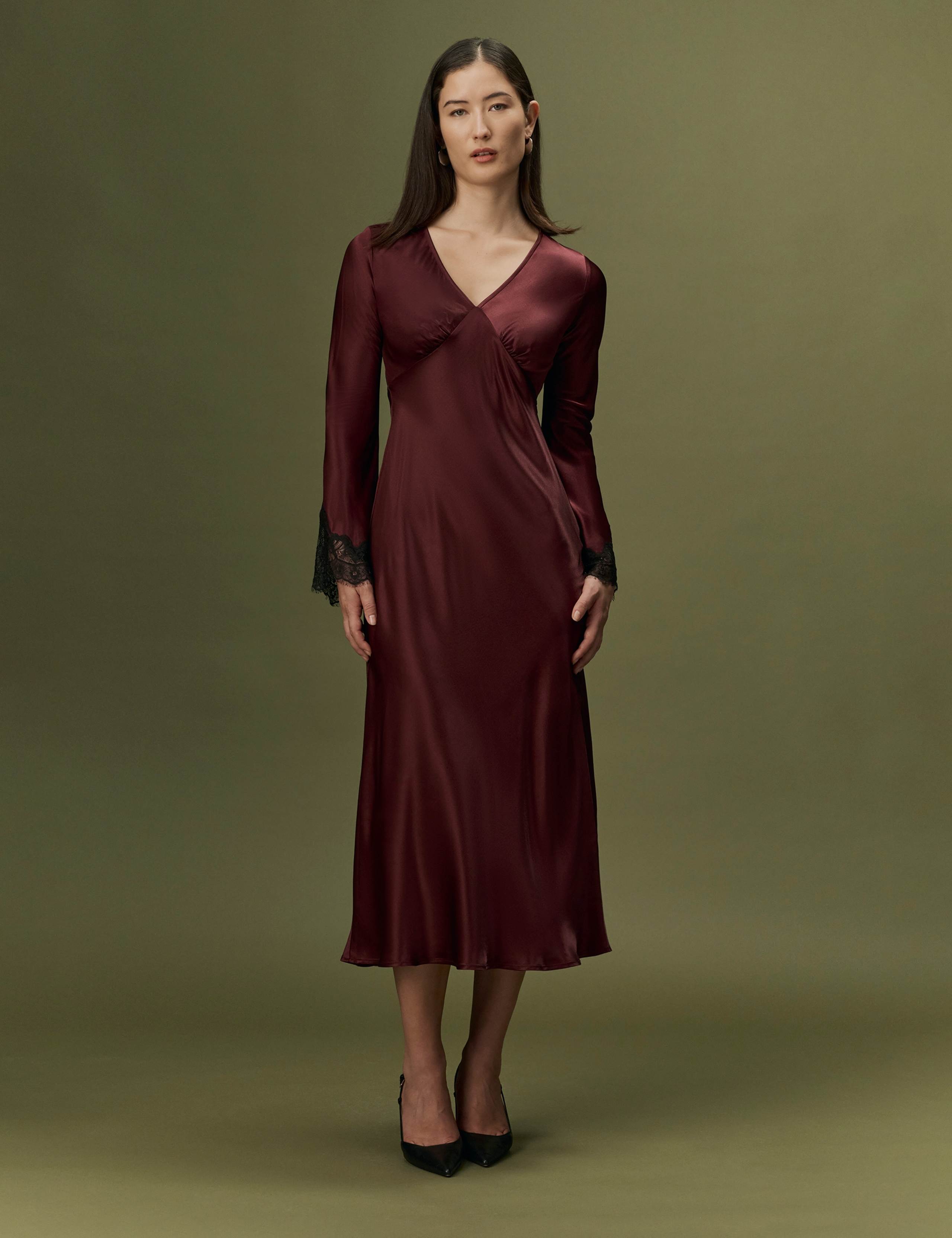 Satin V-Neck Lace Insert Midi Dress
