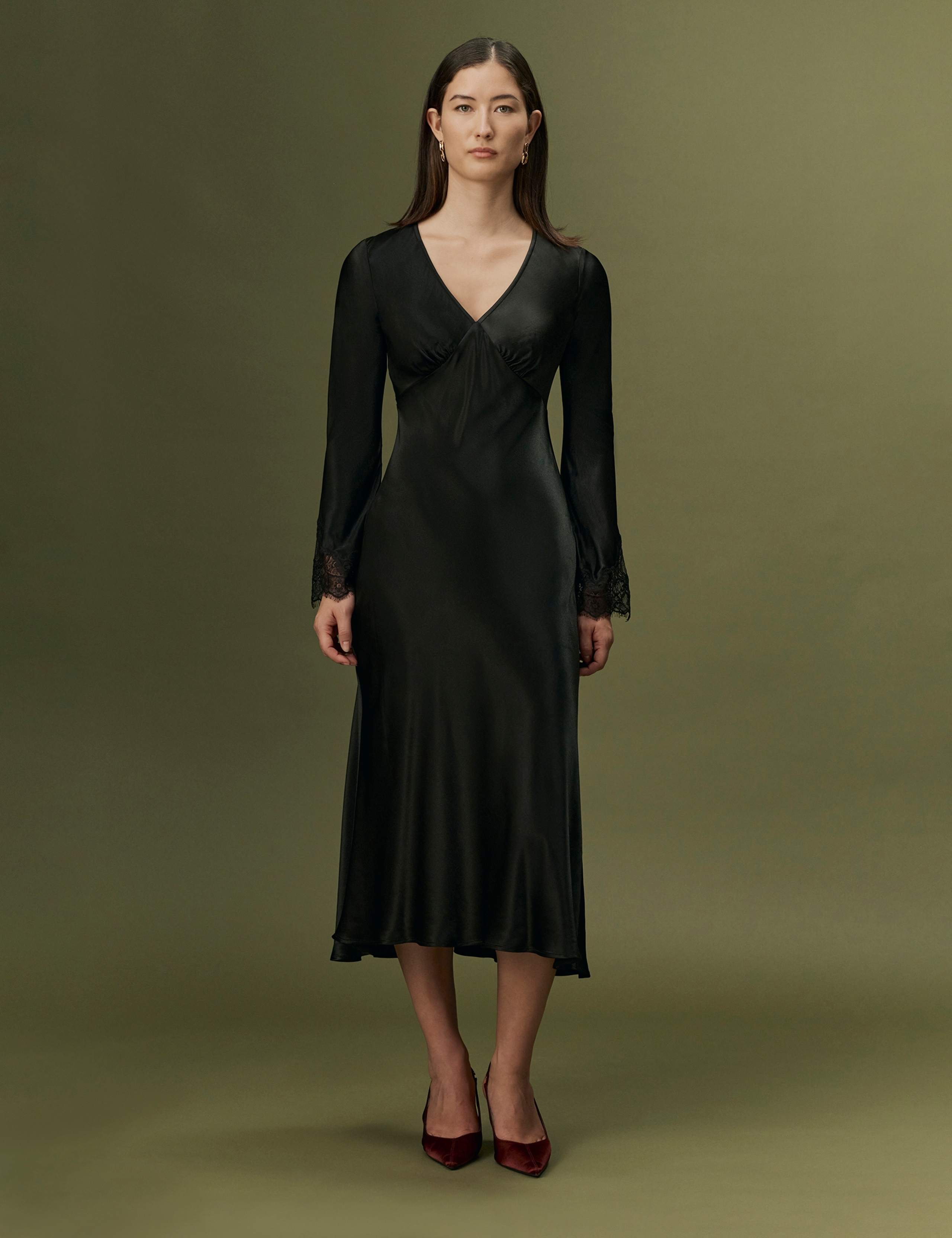 Satin V-Neck Lace Insert Midi Dress