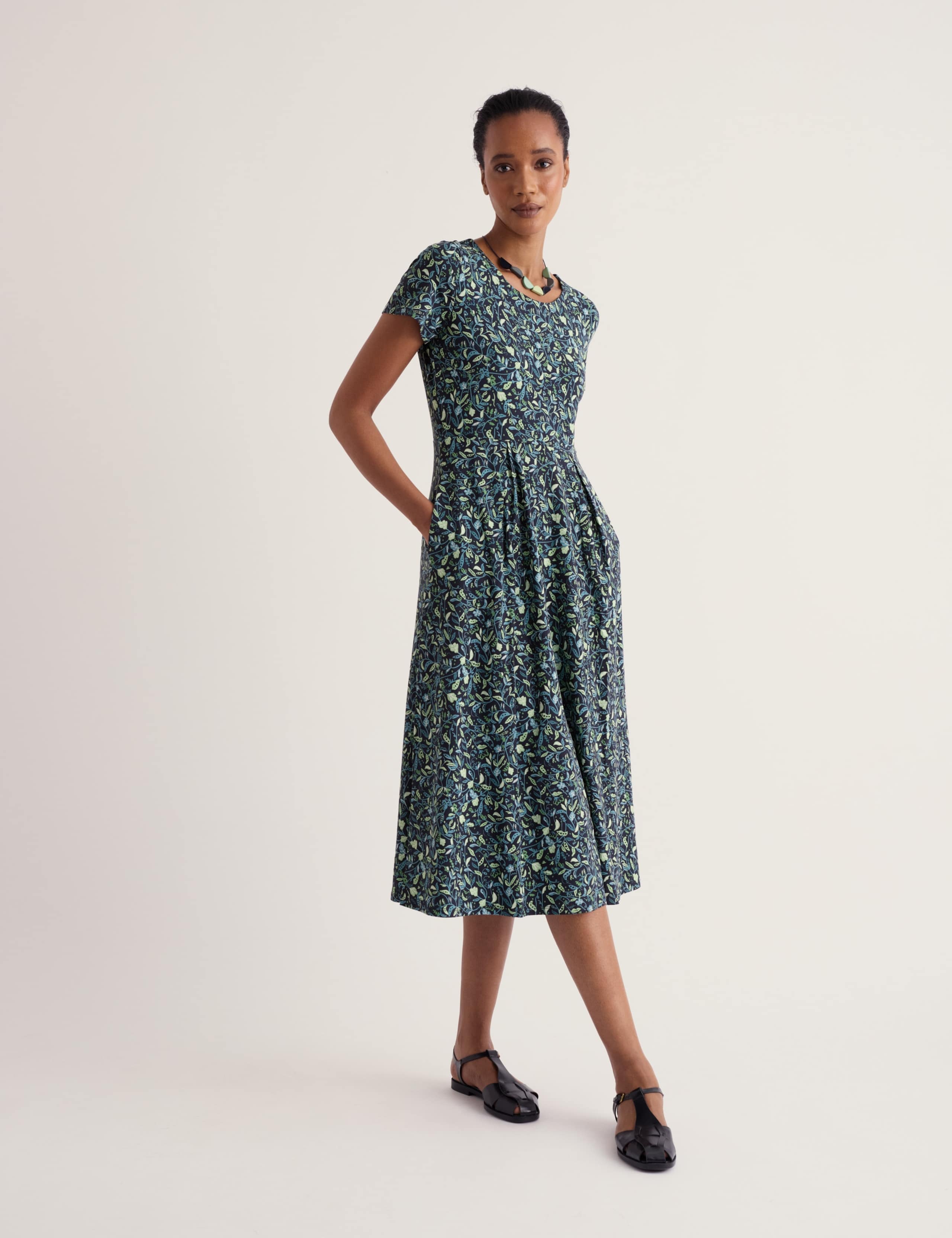 Cotton Rich Floral Midi Waisted Dress