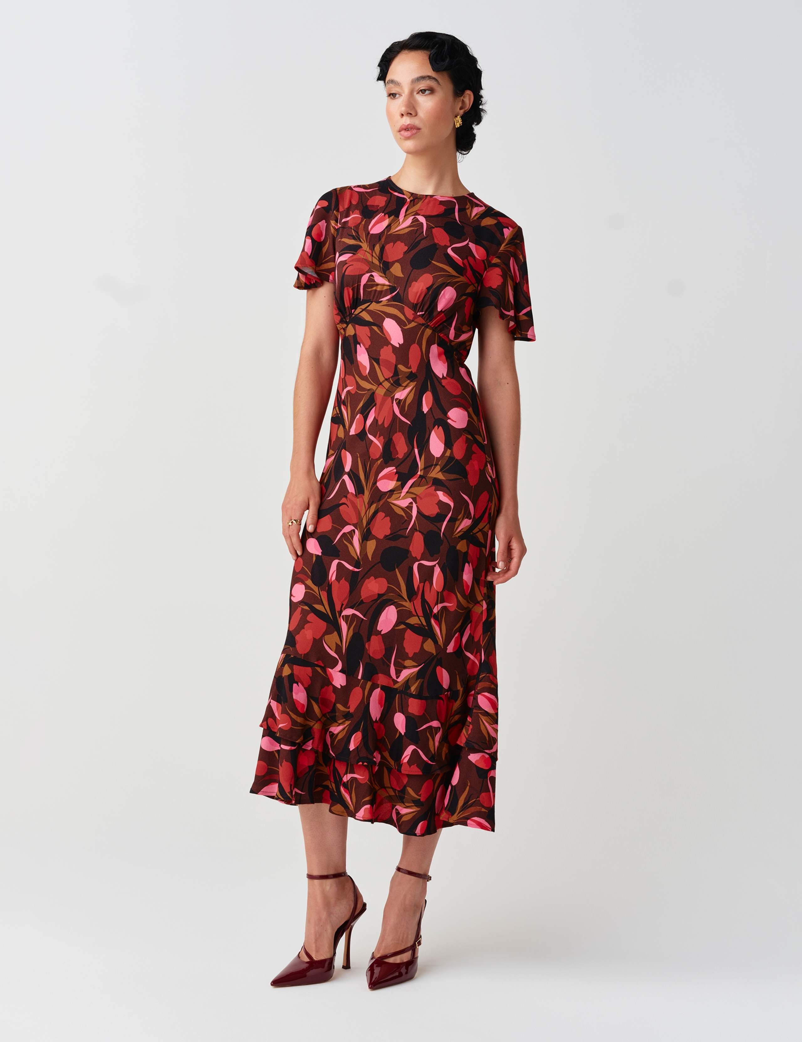 Crepe Floral Angel Sleeve Midi Tiered Dress