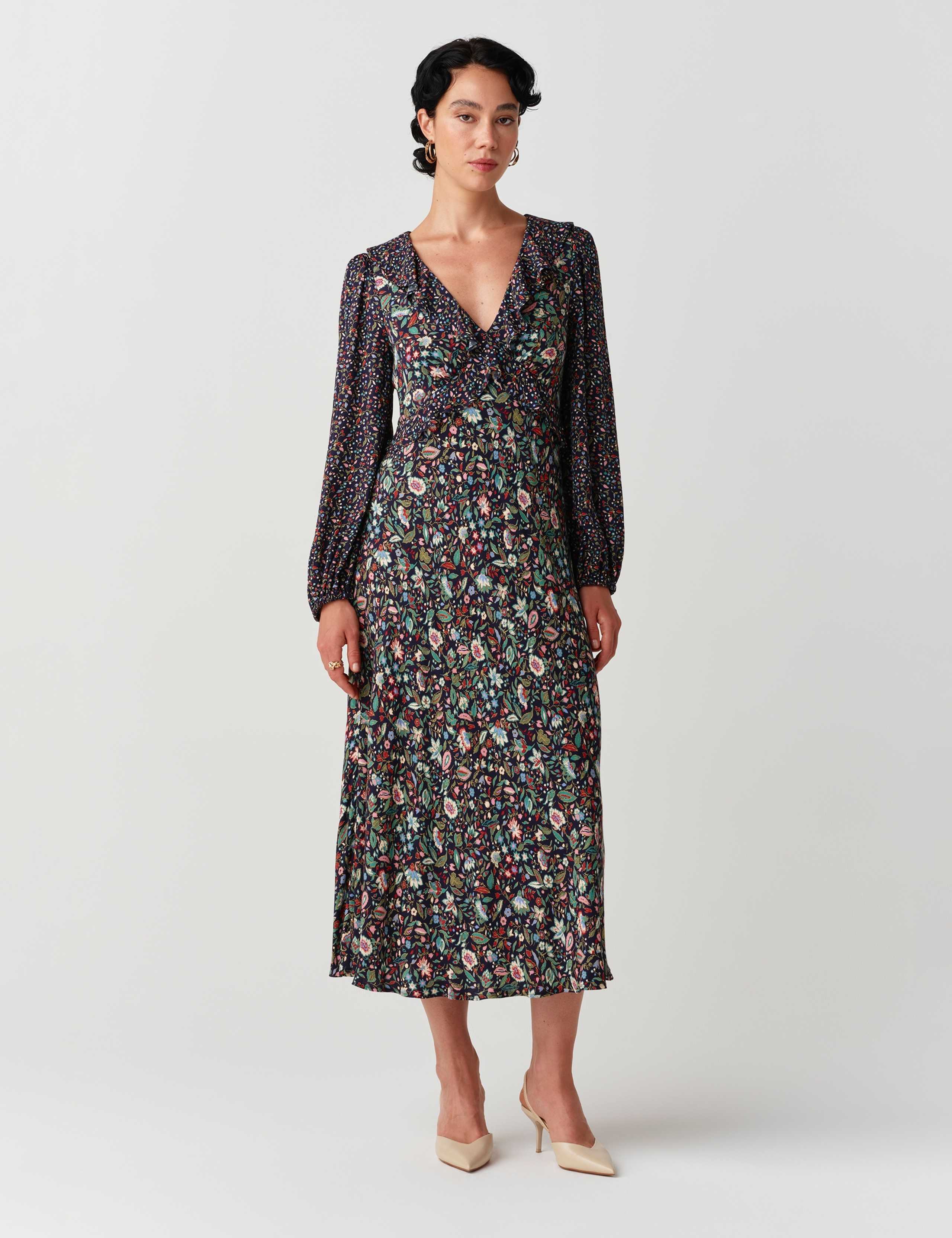 Crepe Floral V Neck Frill Detail Midi Dress