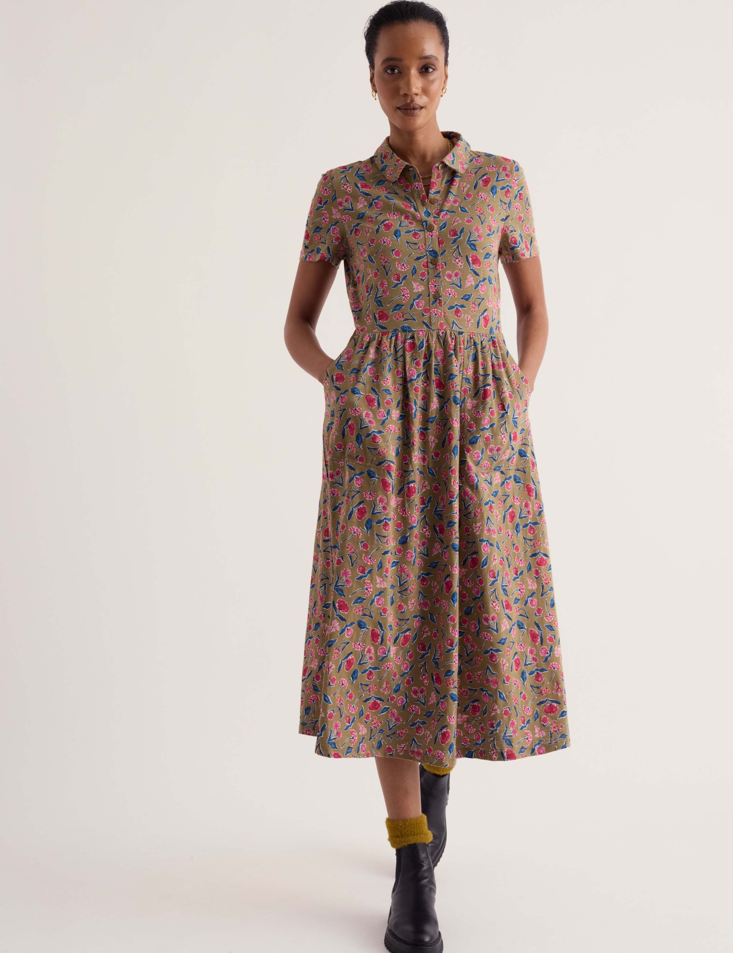 Pure Cotton Floral Midi Shirt Dress