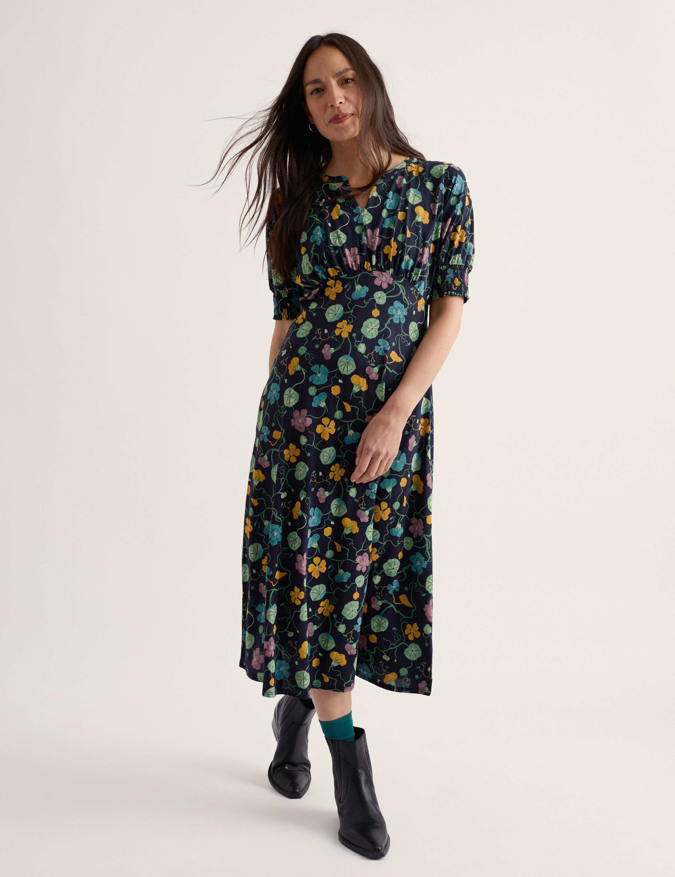 Cotton Modal Floral Notch Neck Midi Tea Dress