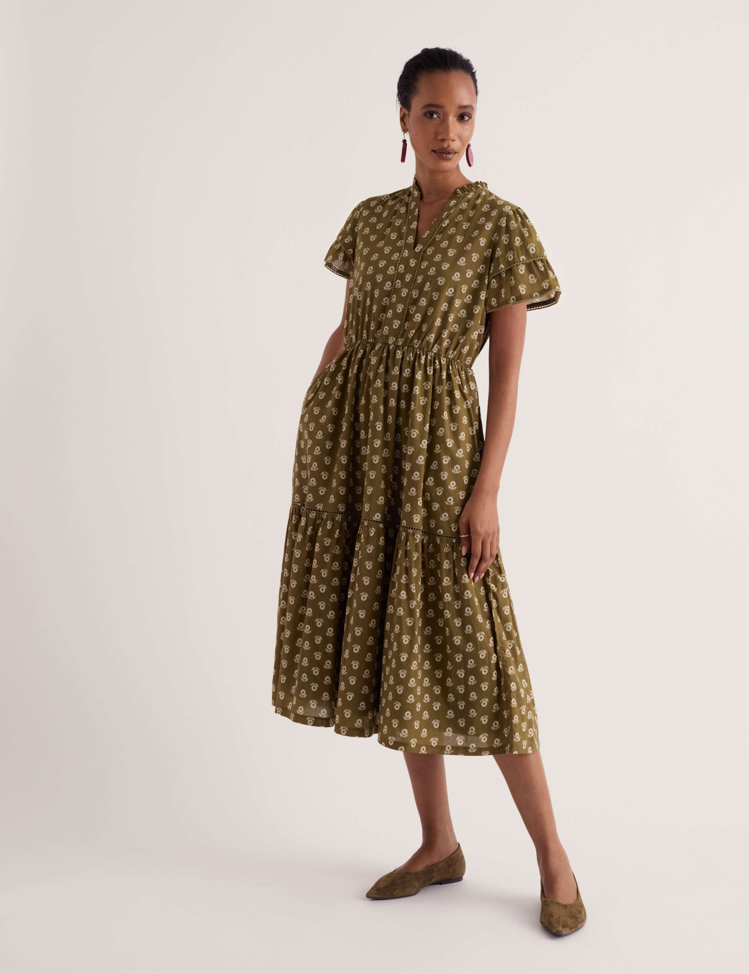 Pure Cotton Floral Notch Neck Tiered Dress
