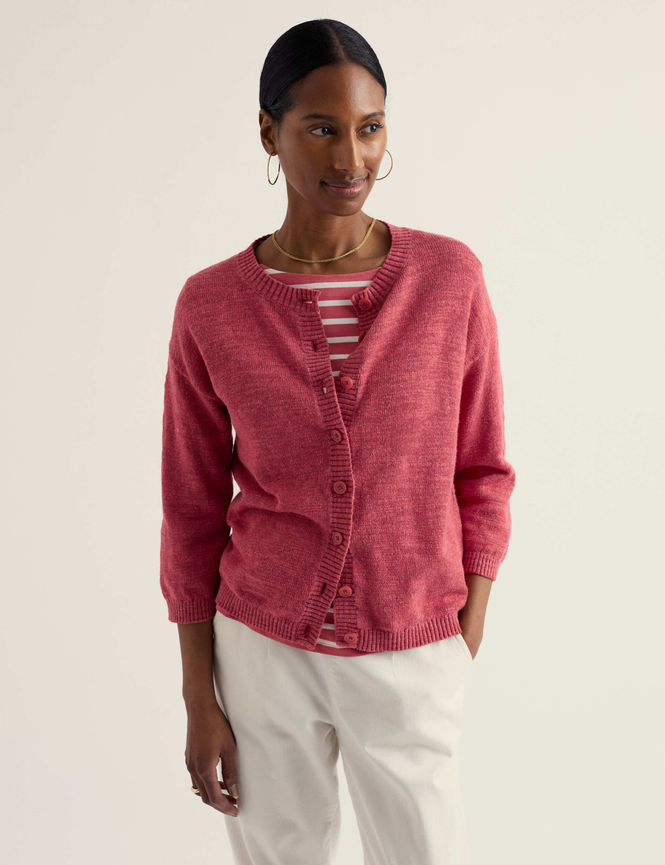 Cotton-Rich Crew Neck Cardigan with Linen