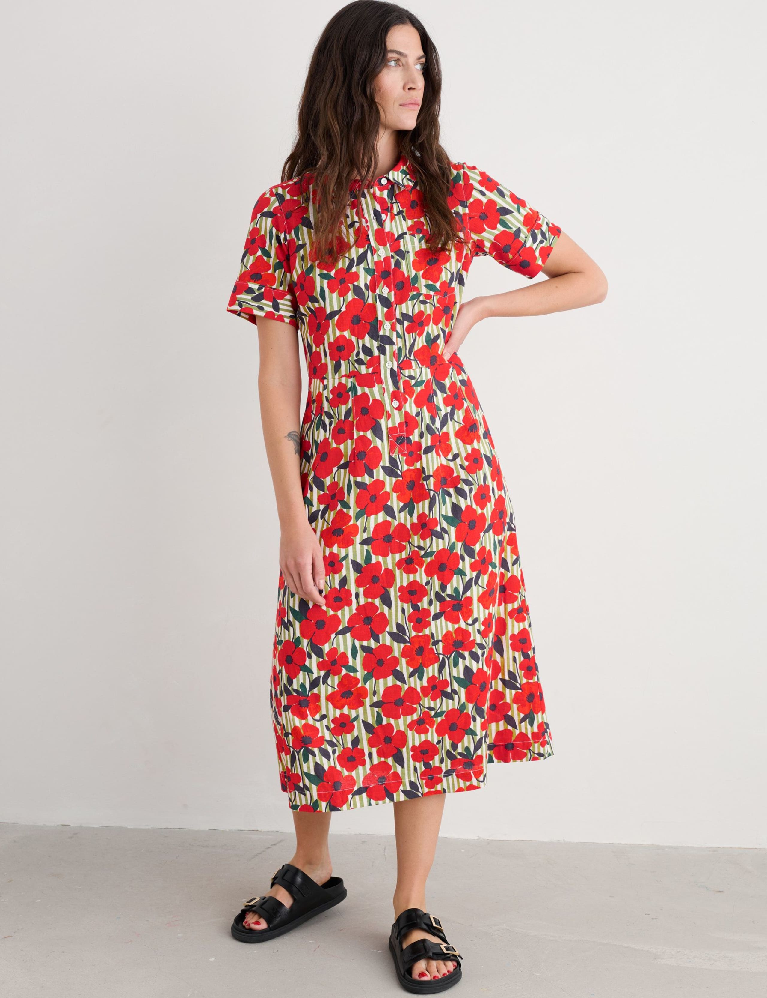 Pure Cotton Floral Midi Shirt Dress