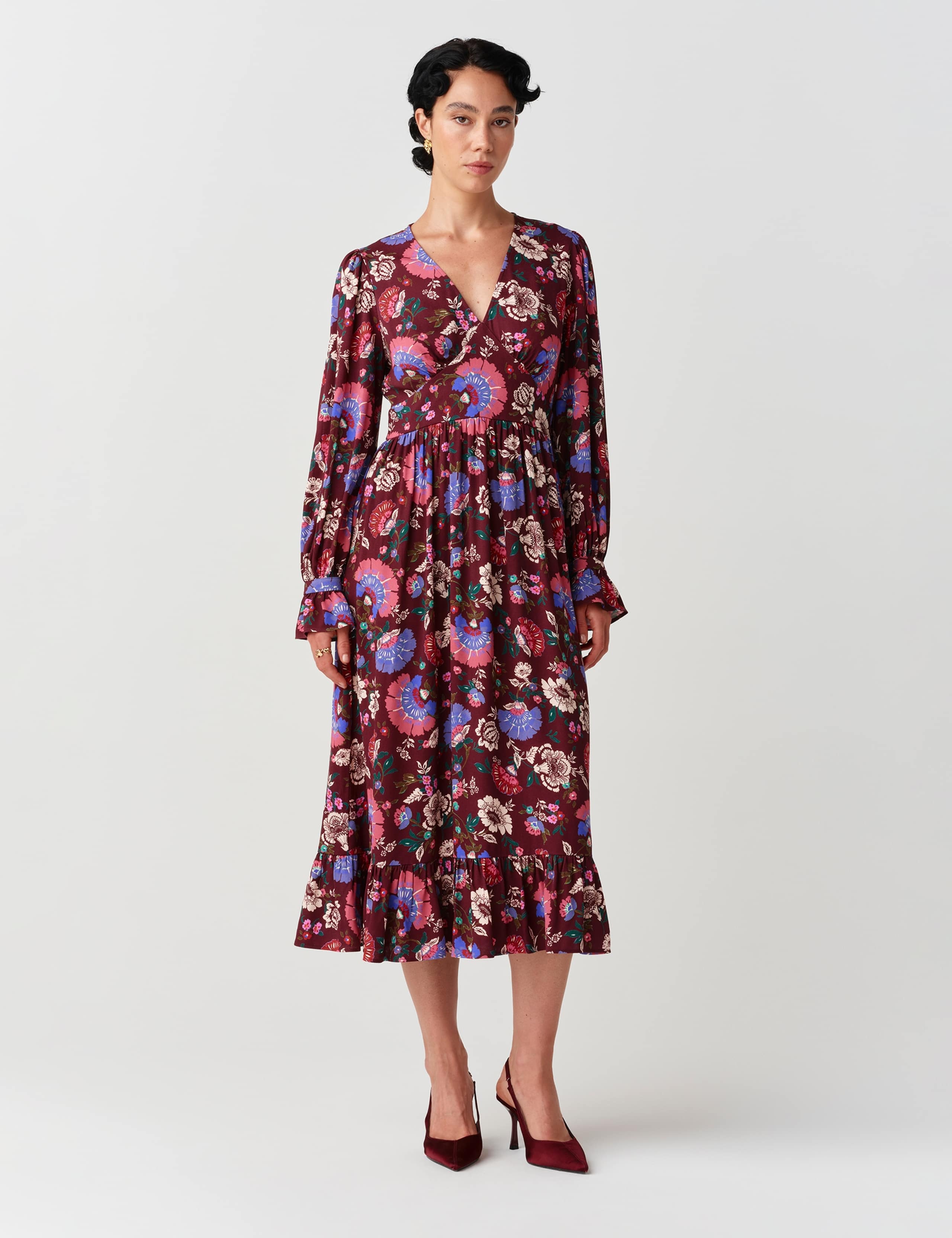 Crepe Paisley V Neck Midi Tiered Dress