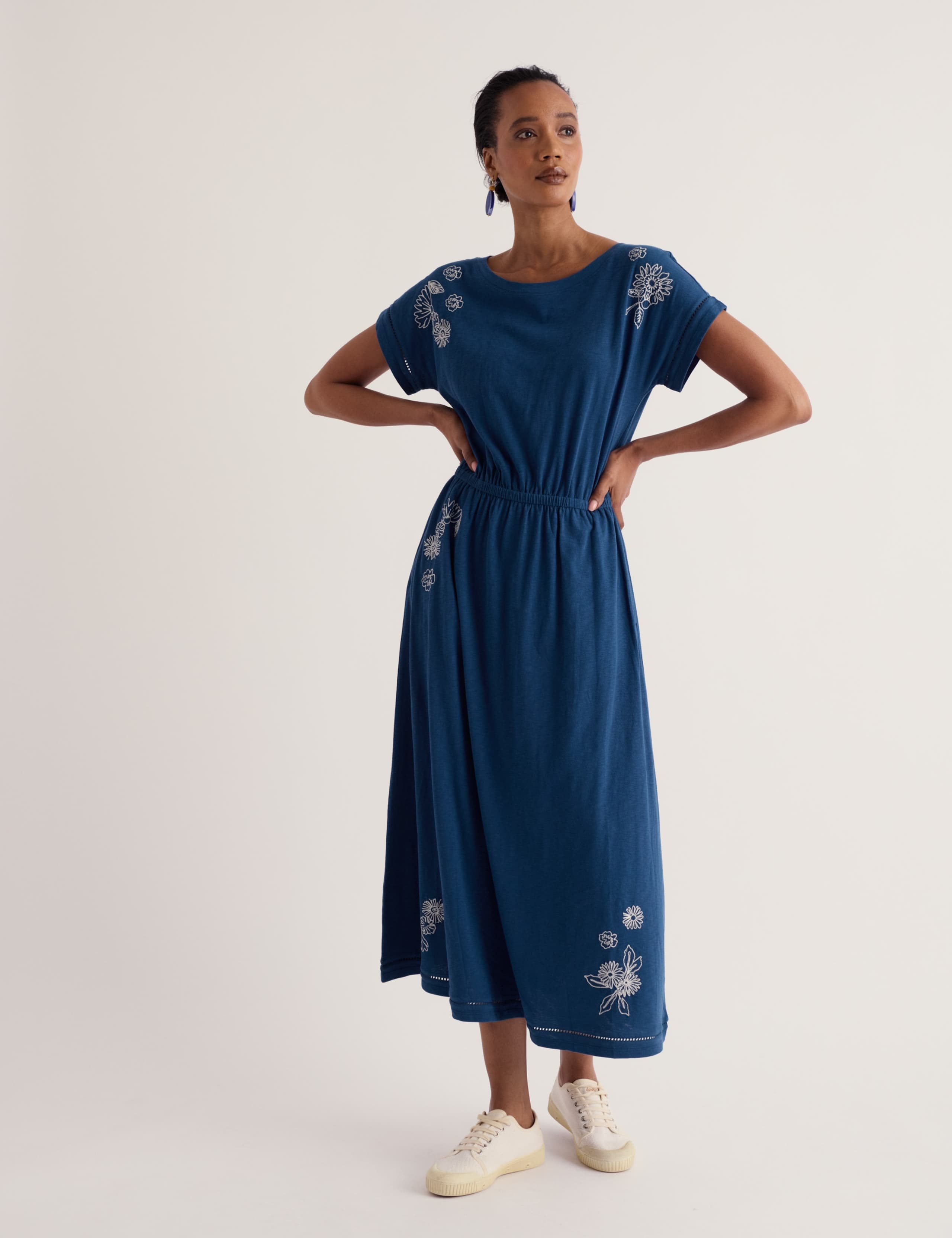 Pure Cotton Embroidered Midi Waisted Dress