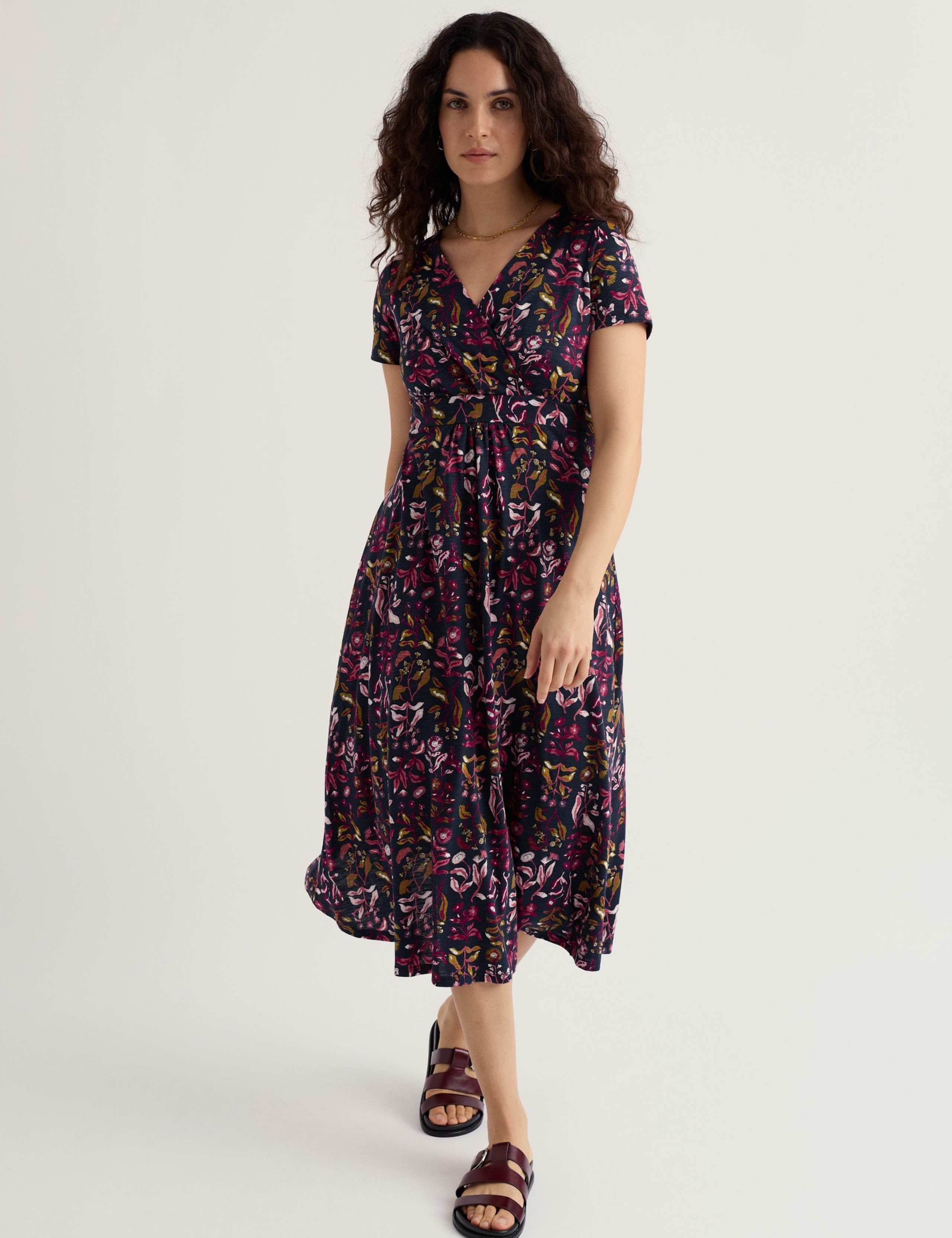 Pure Cotton Floral V-Neck Midi Tea Dress