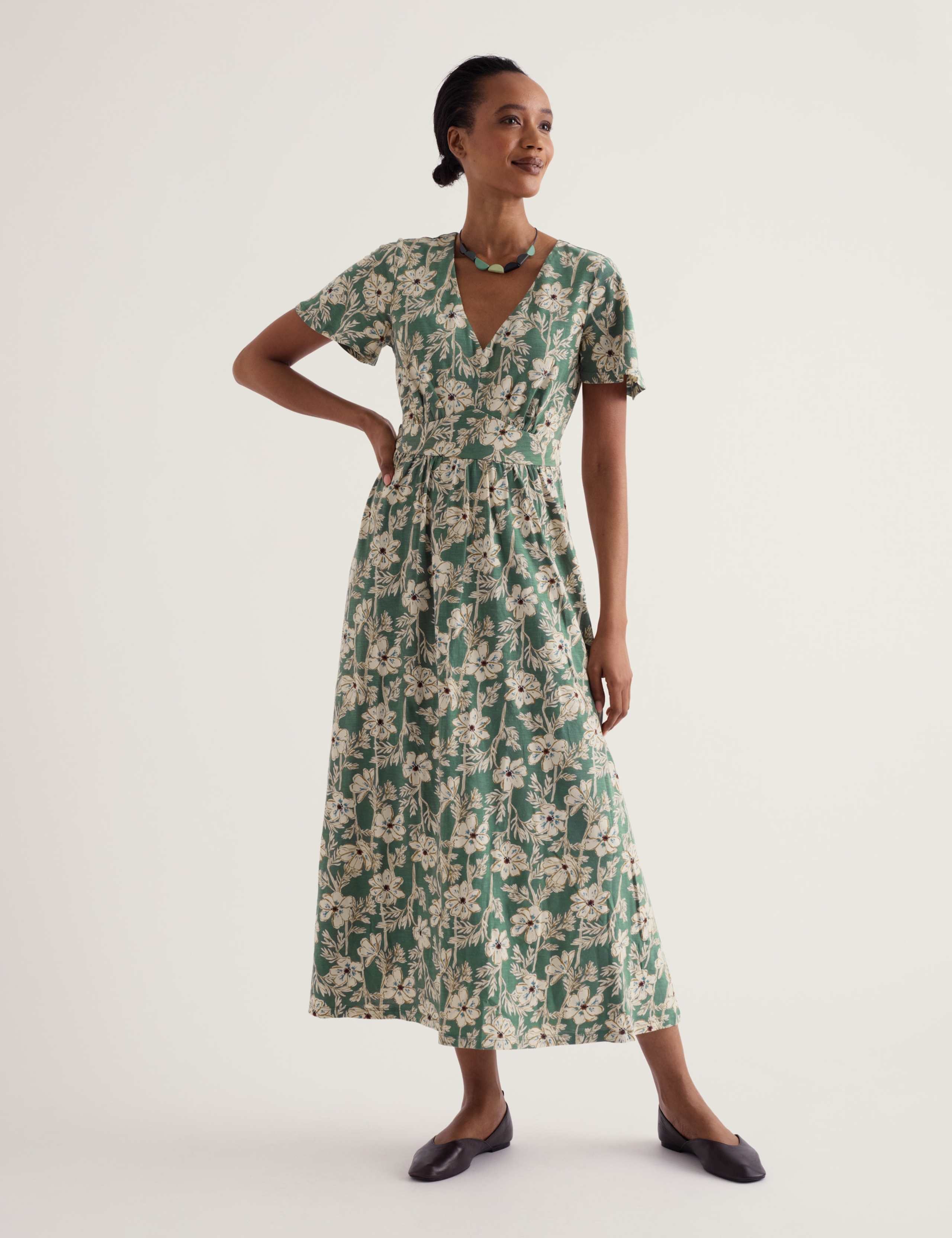 Pure Cotton Jersey Floral V-Neck Maxi Dress
