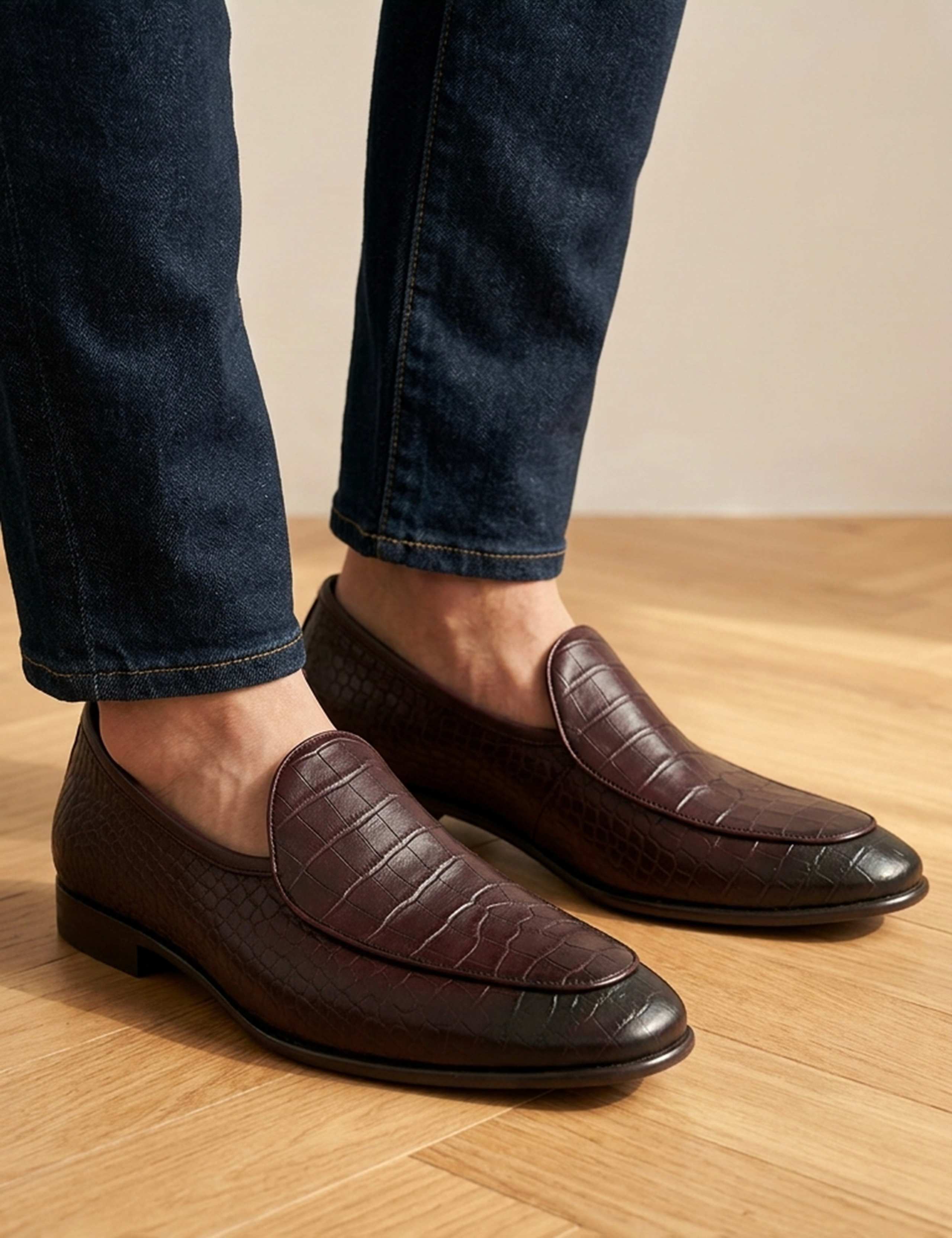 Leather Croc Slip On Loafers