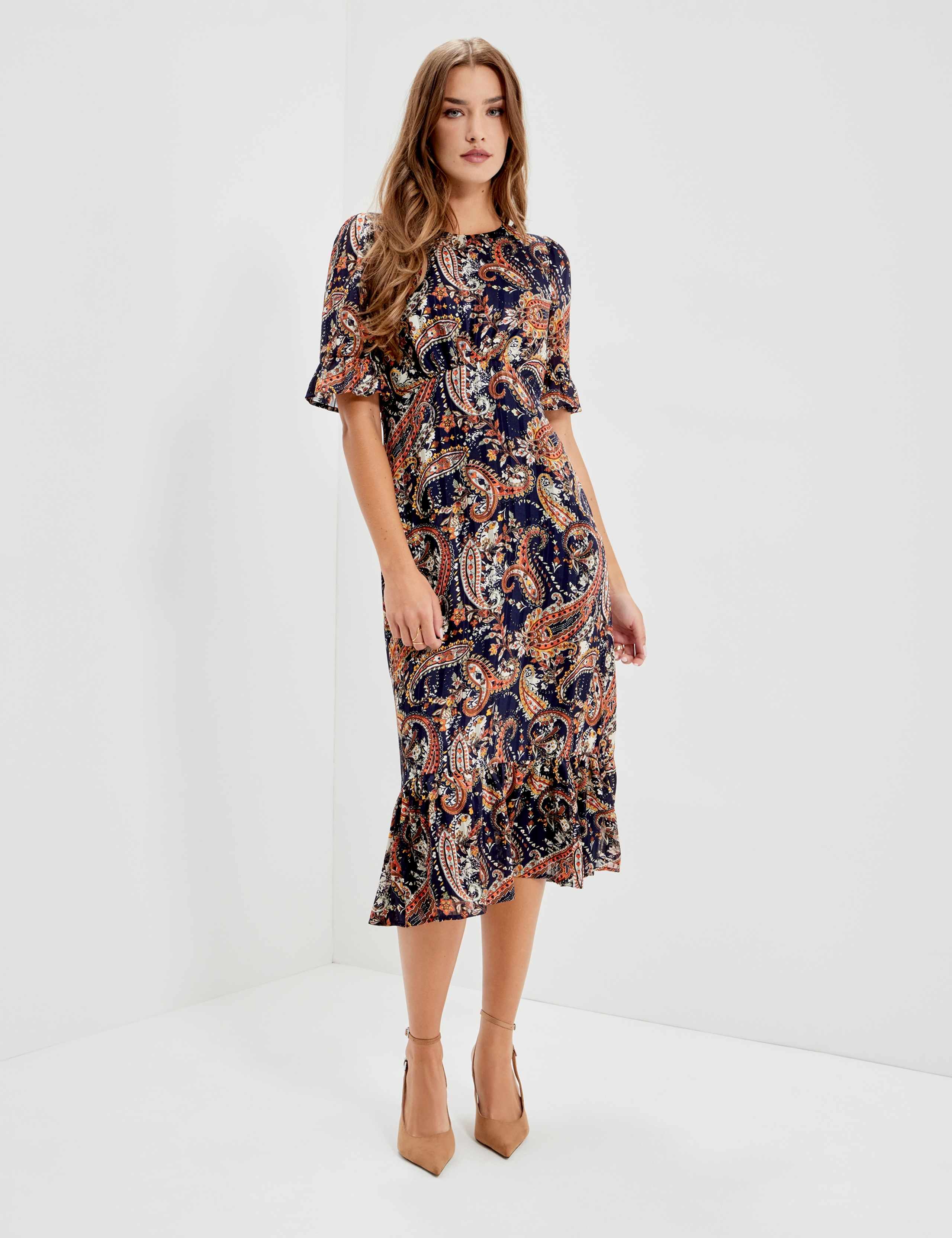 Chiffon Paisley Round Neck Keyhole Midi Dress