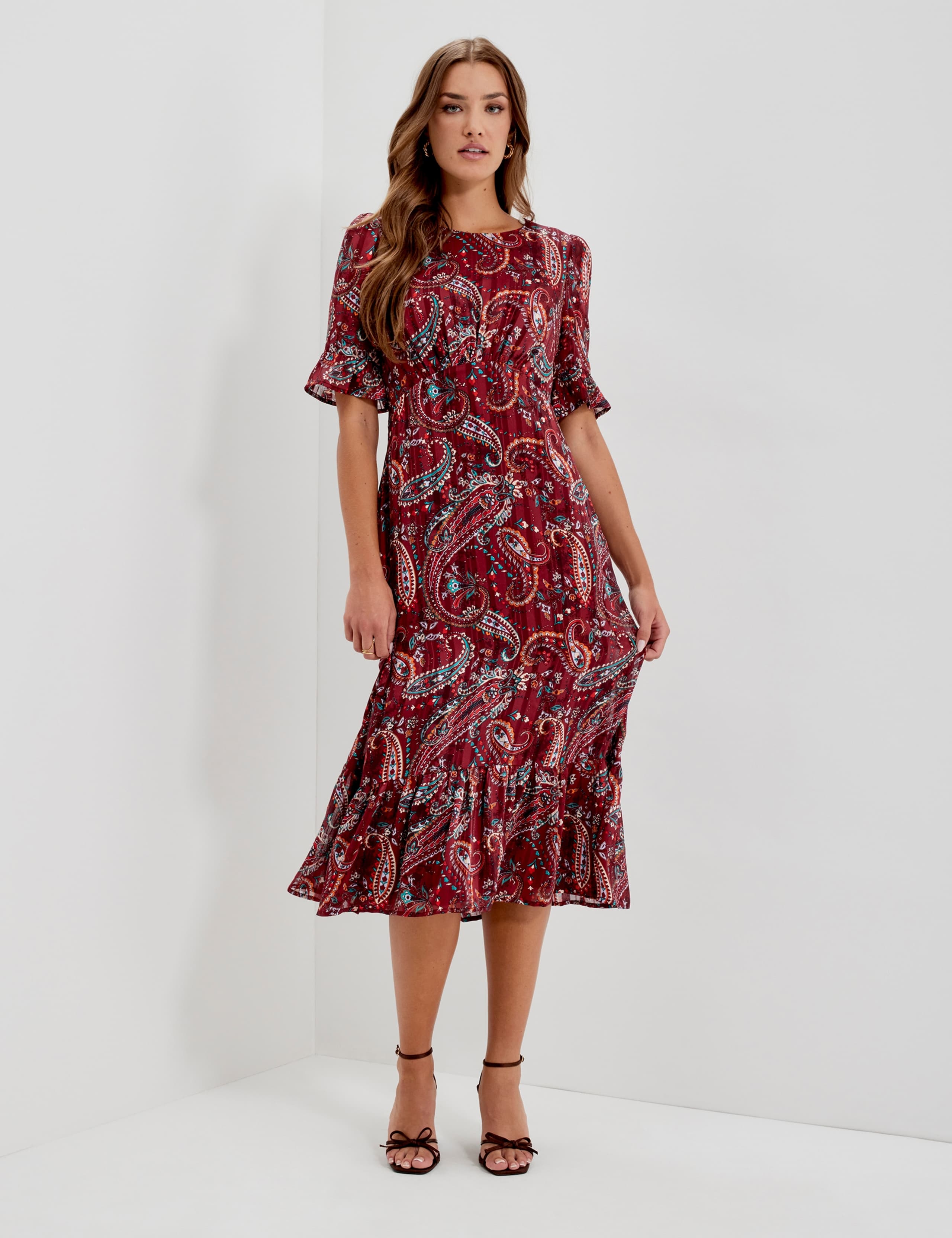 Chiffon Paisley Round Neck Keyhole Midi Dress