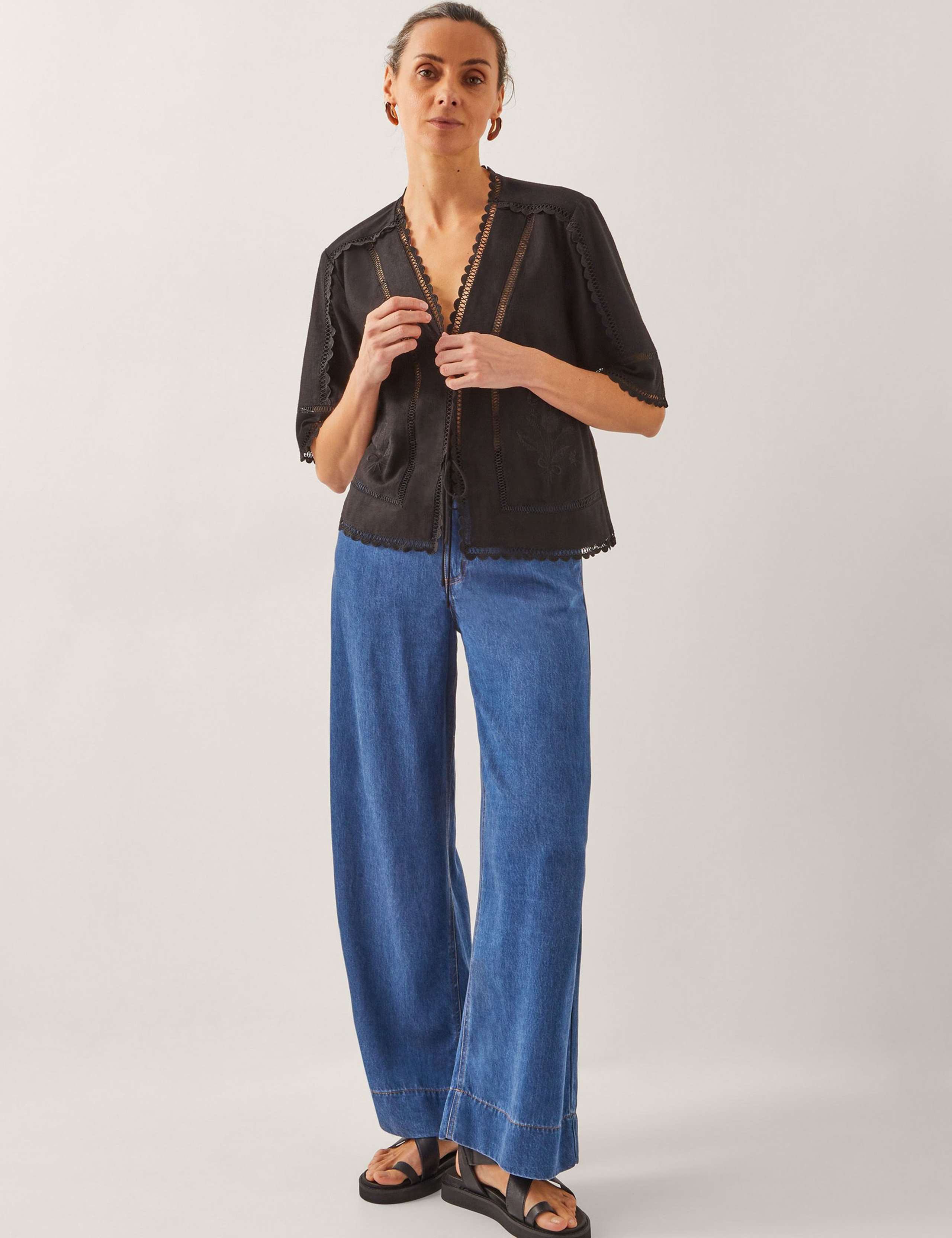 Broderie Tie Neck Blouse with Linen