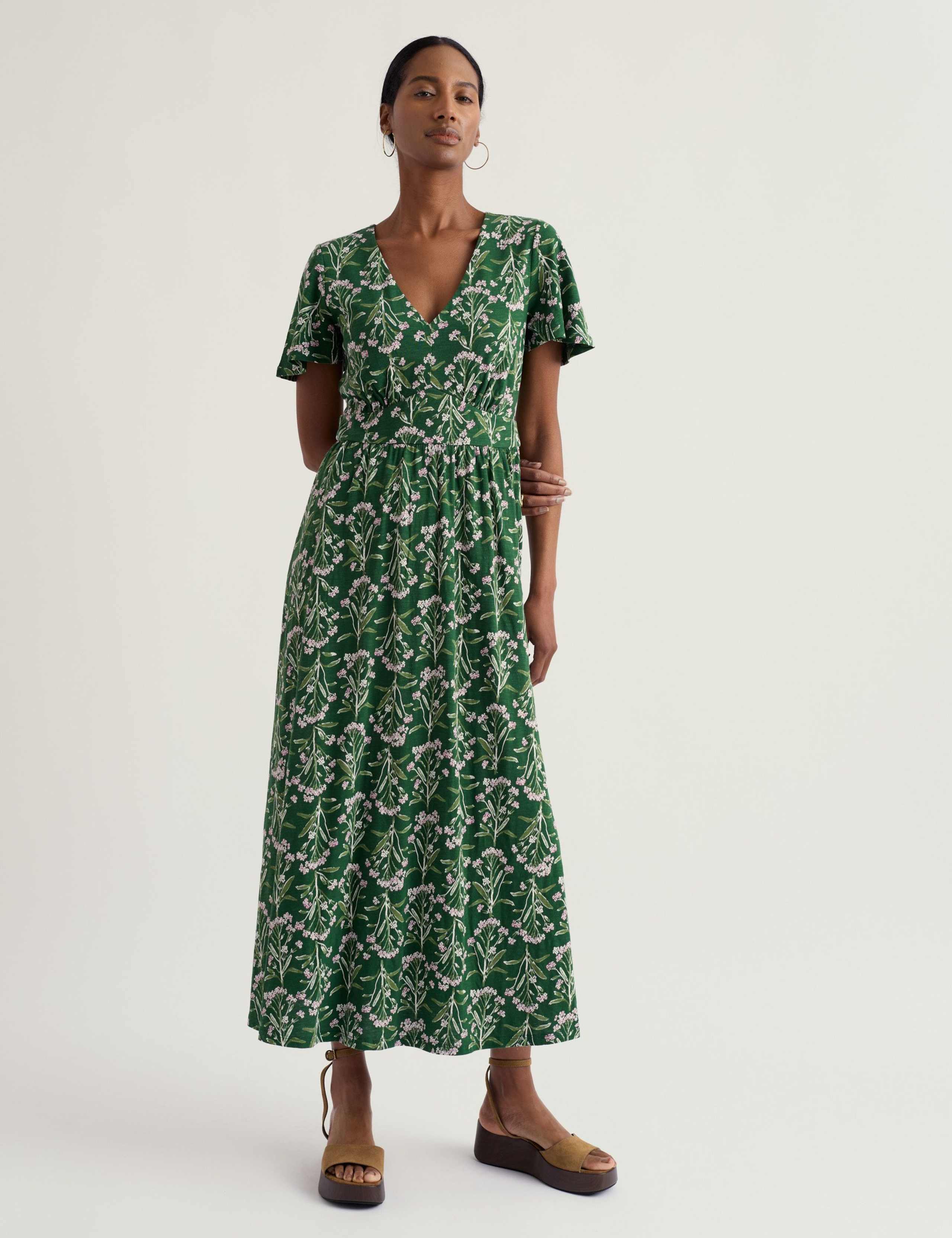 Pure Cotton Floral V-Neck Midi Waisted Dress