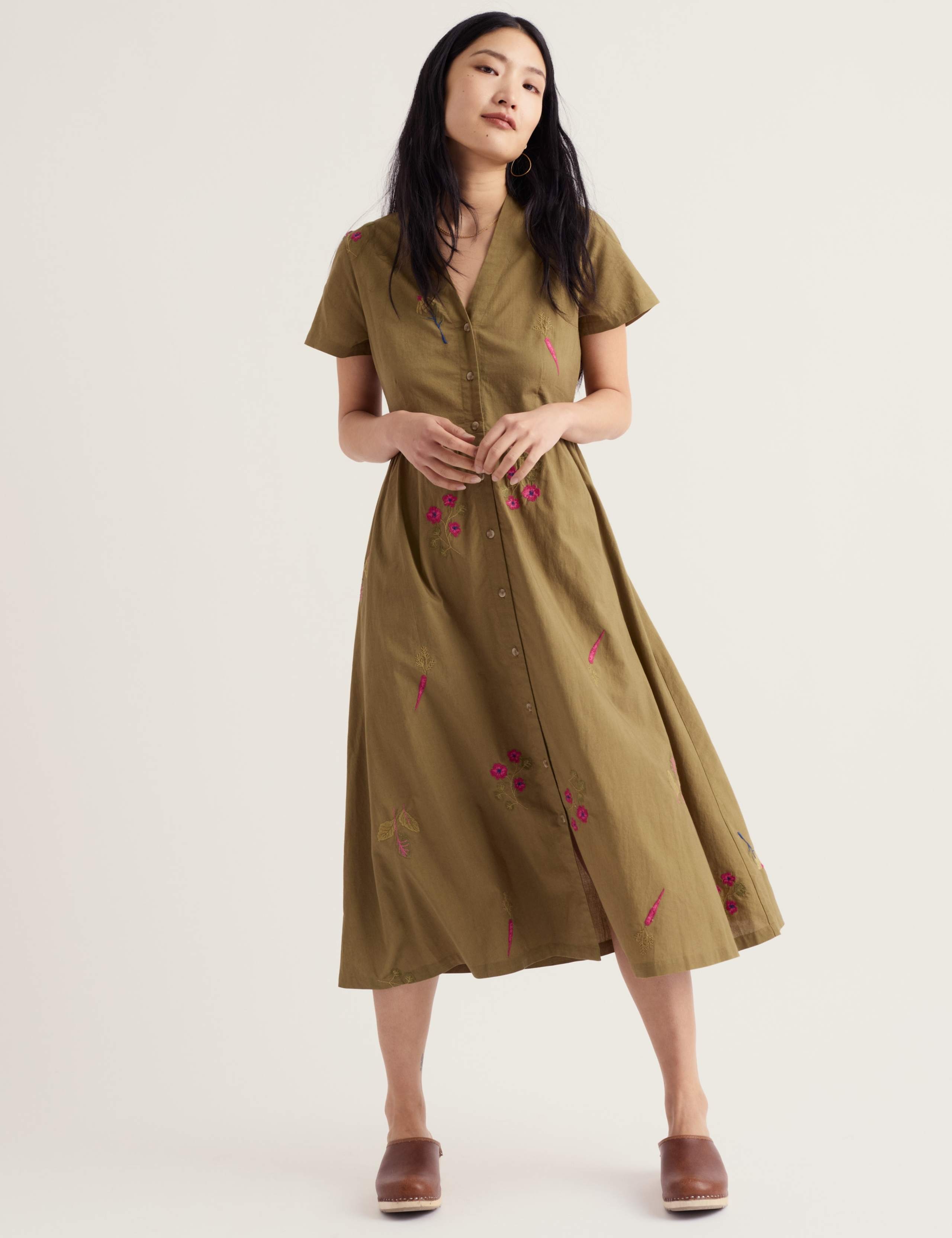 Pure Cotton Floral V-Neck Midi Shirt Dress