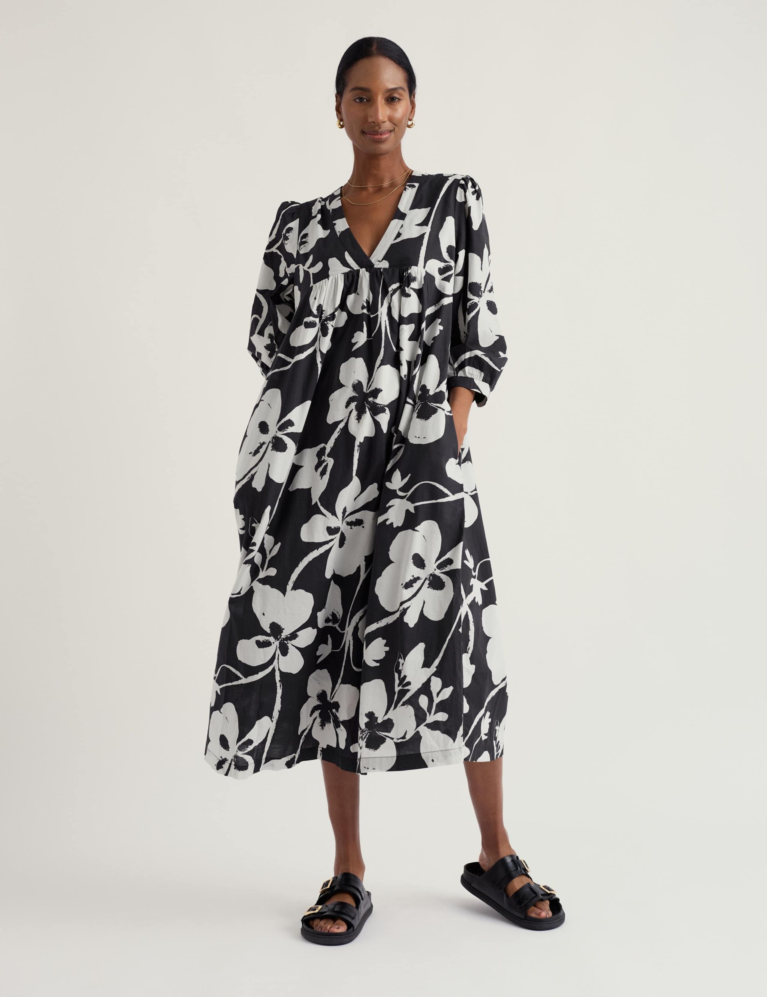 Pure Cotton Floral V-Neck Midi Smock Dress