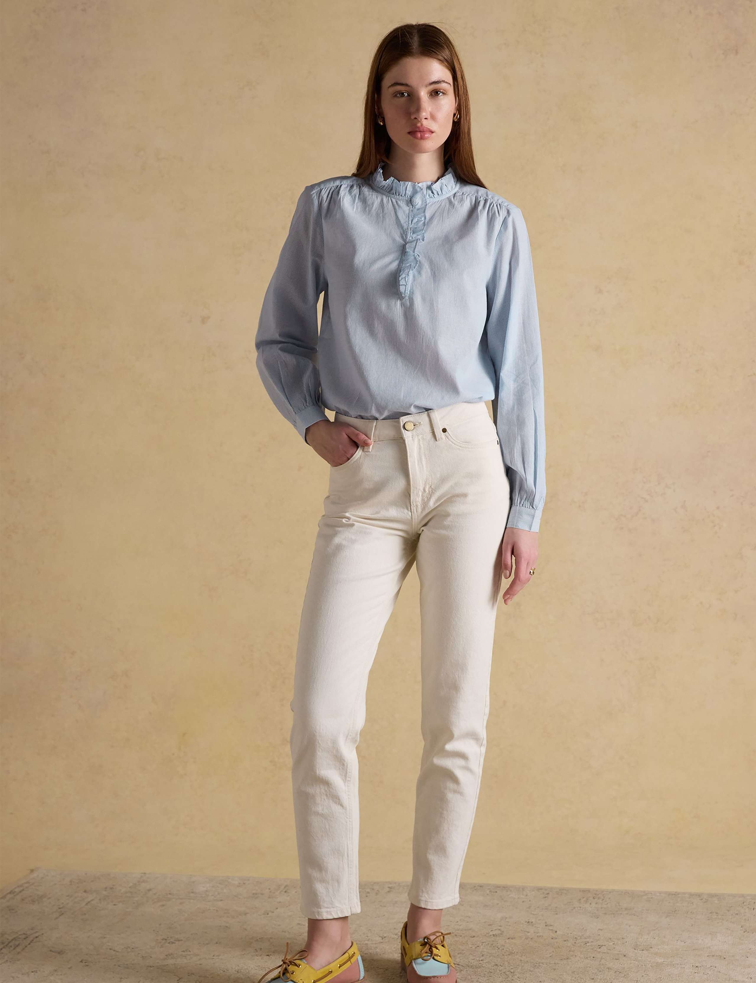 Pure Cotton Striped Ruffle Neck Blouse