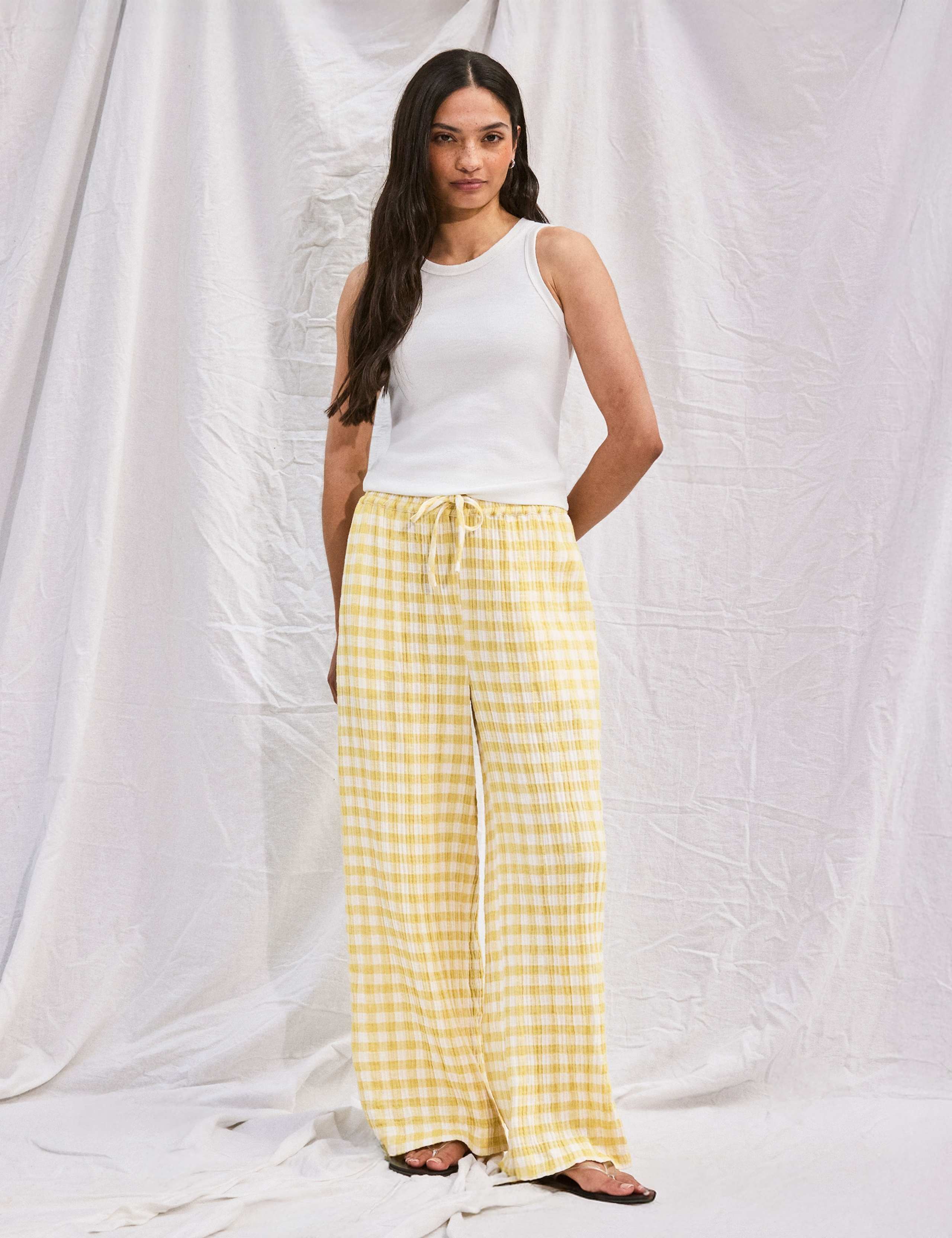 Cheesecloth Check Drawstring Wide Leg Trousers