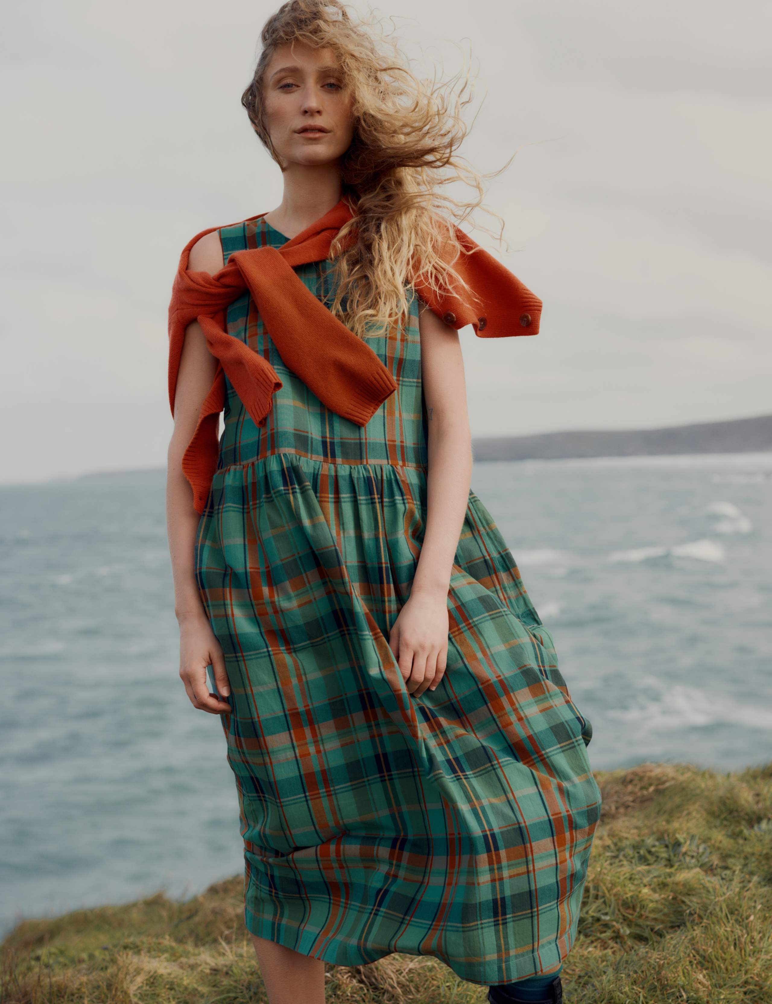 Pure Cotton Checked Relaxed Fit Midaxi Dress
