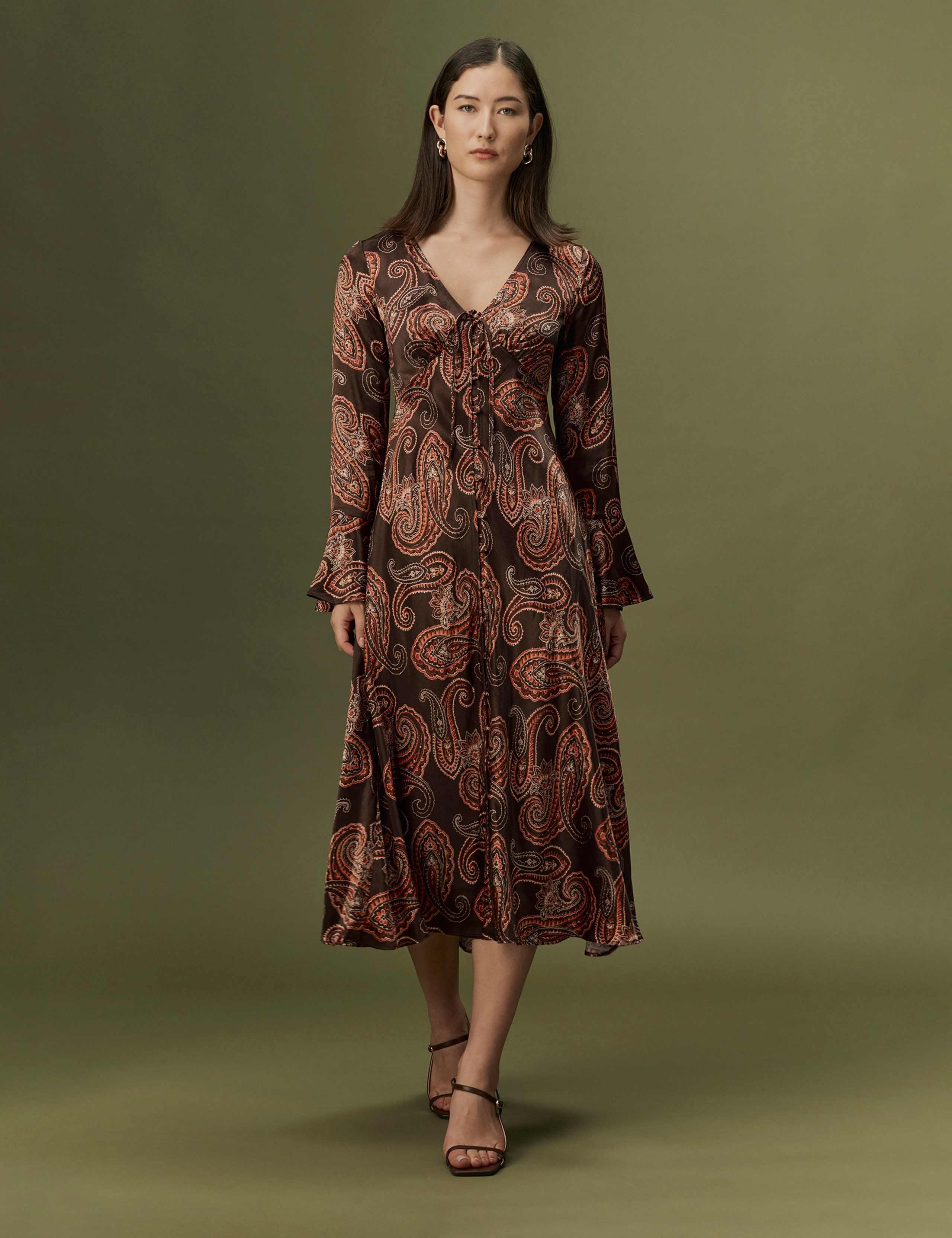Satin Paisley V Neck Button Through Midi Dress