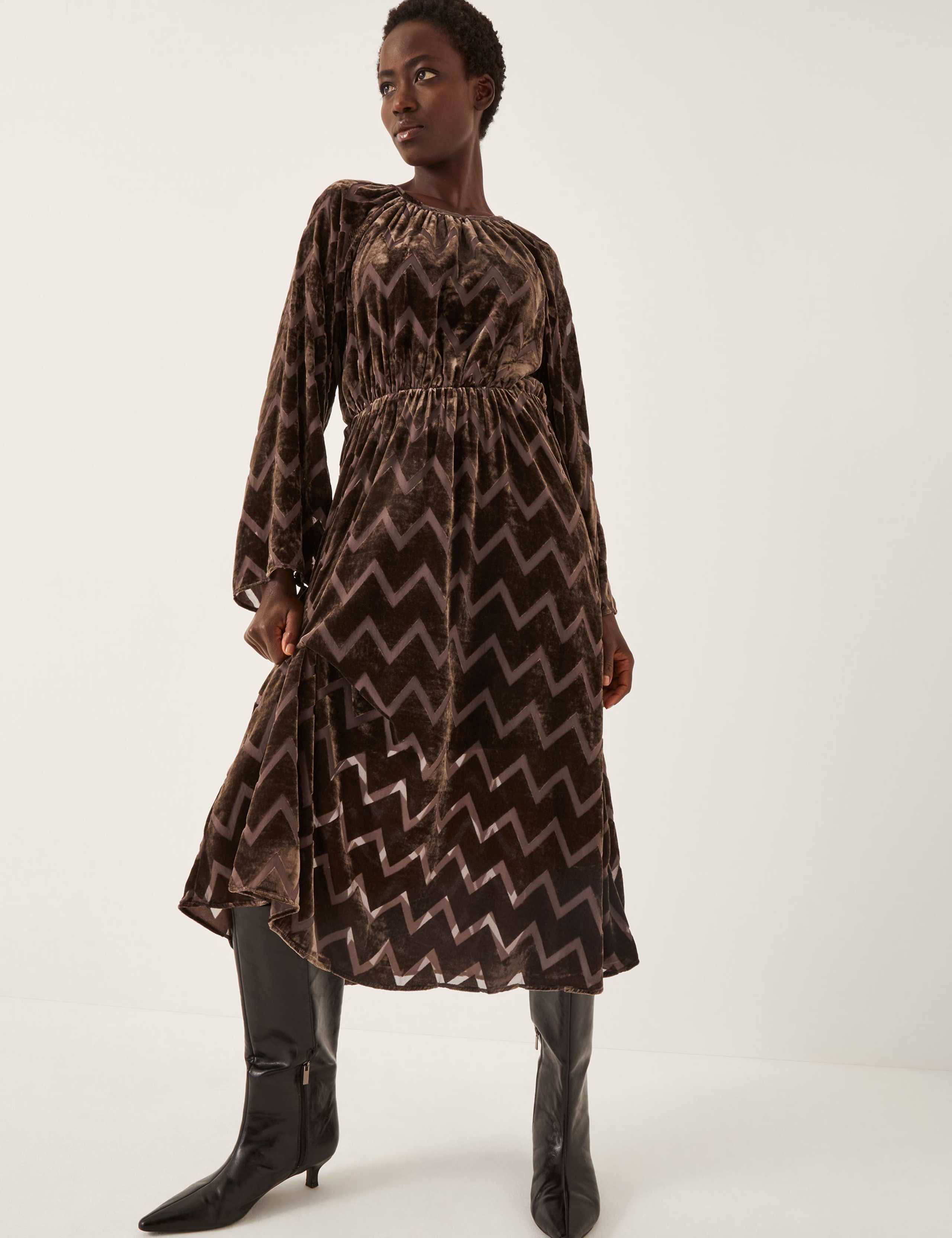 Geometric Round Neck Midi Smock Dress