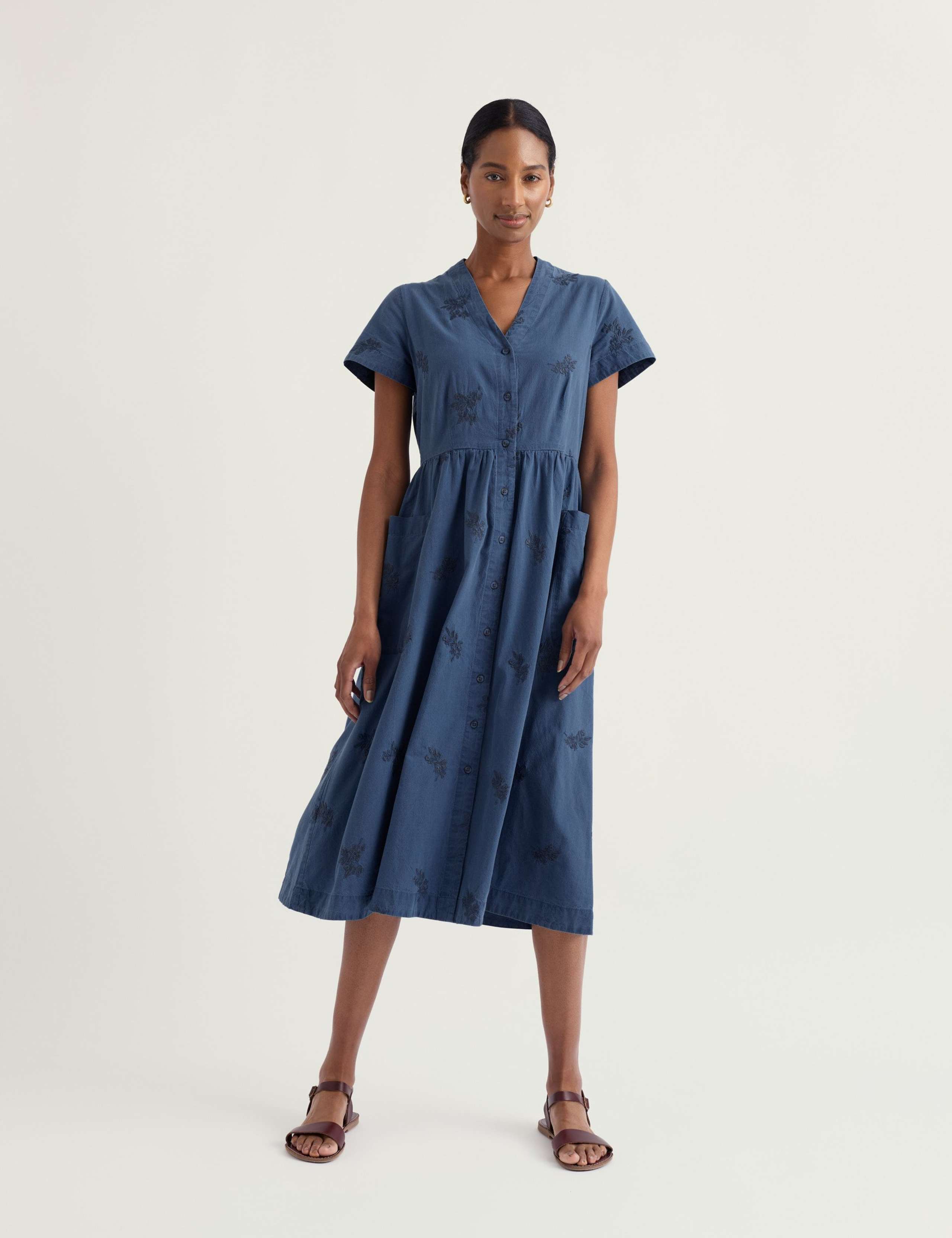 Pure Cotton Embroidered Midi Shirt Dress