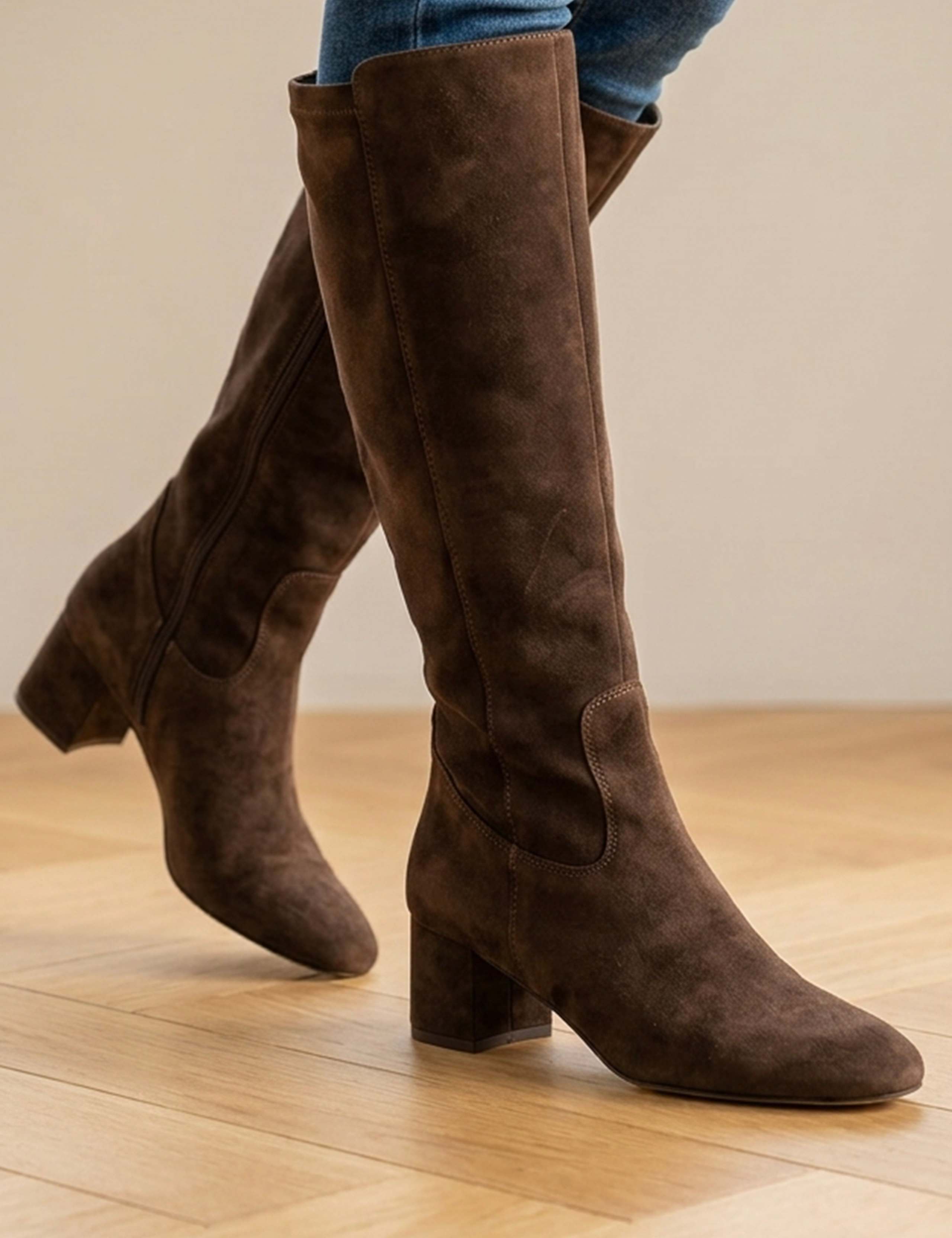 Leather Stretch Block Heel Long Boots