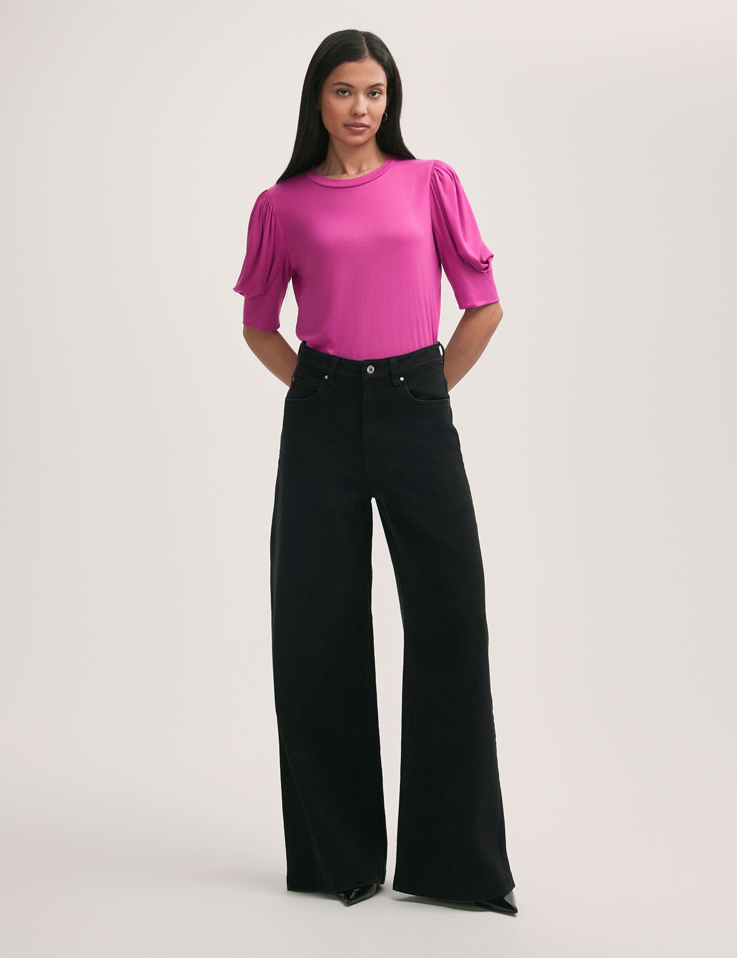 Jersey Draped Gathered Puff Sleeve Top