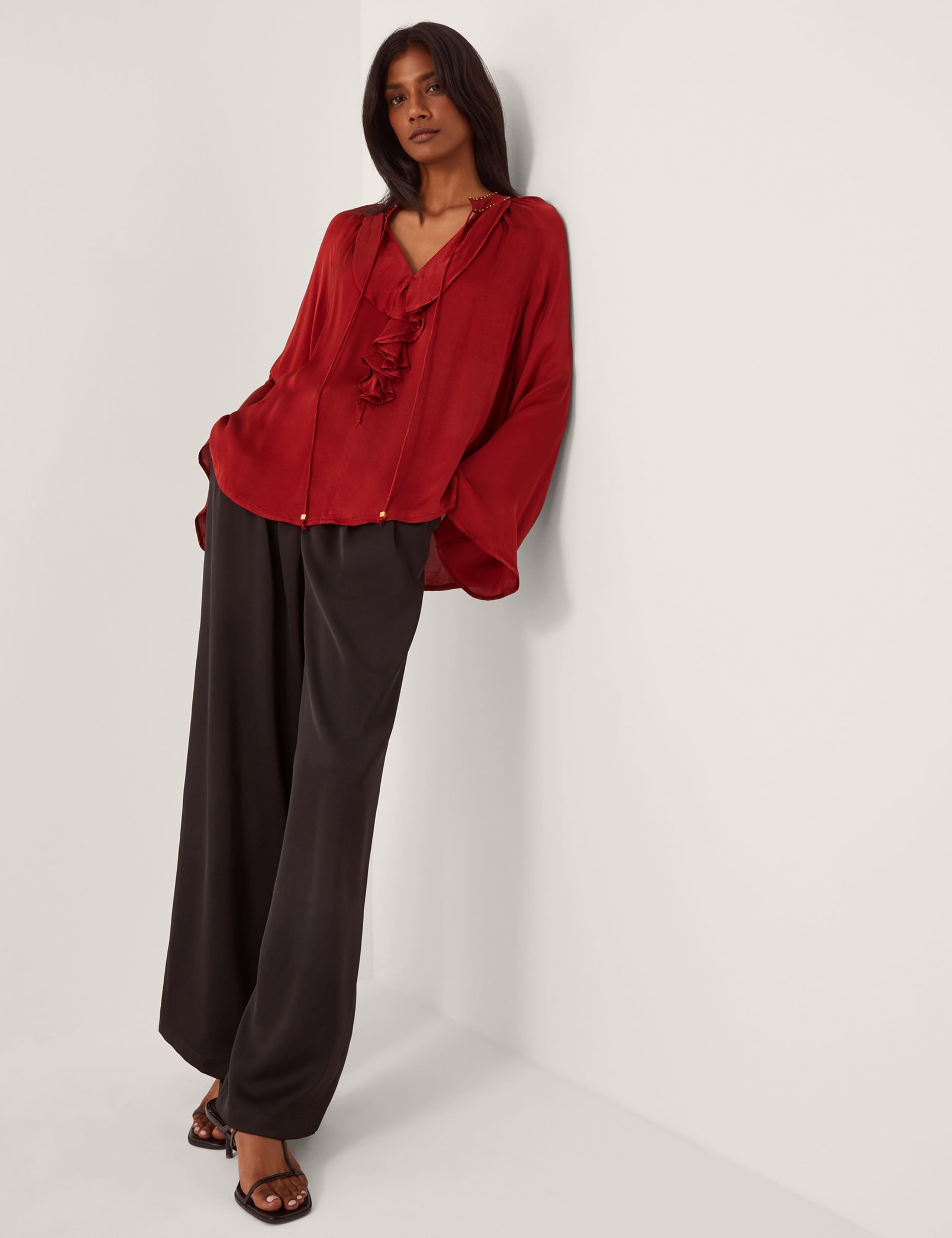 Satin V-Neck Beaded Collar Frill Blouse