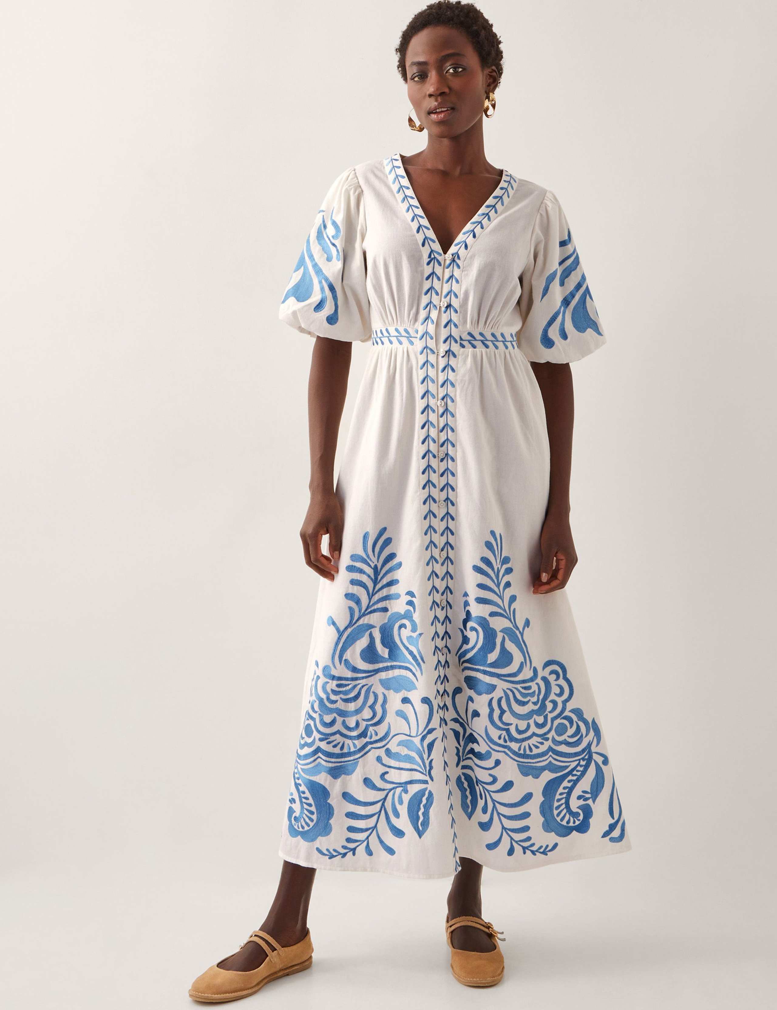 Cotton Rich Embroidered Midi Waisted Dress